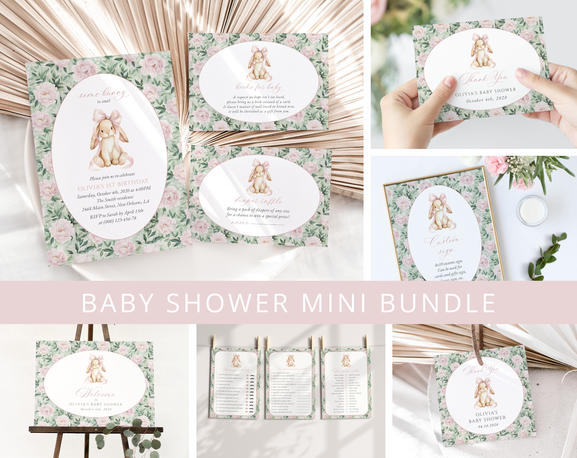 Bunny and Pink Flowers Baby Shower Mini Bundle, Girl Baby Shower, Printable File, Edit Yourself, SH255