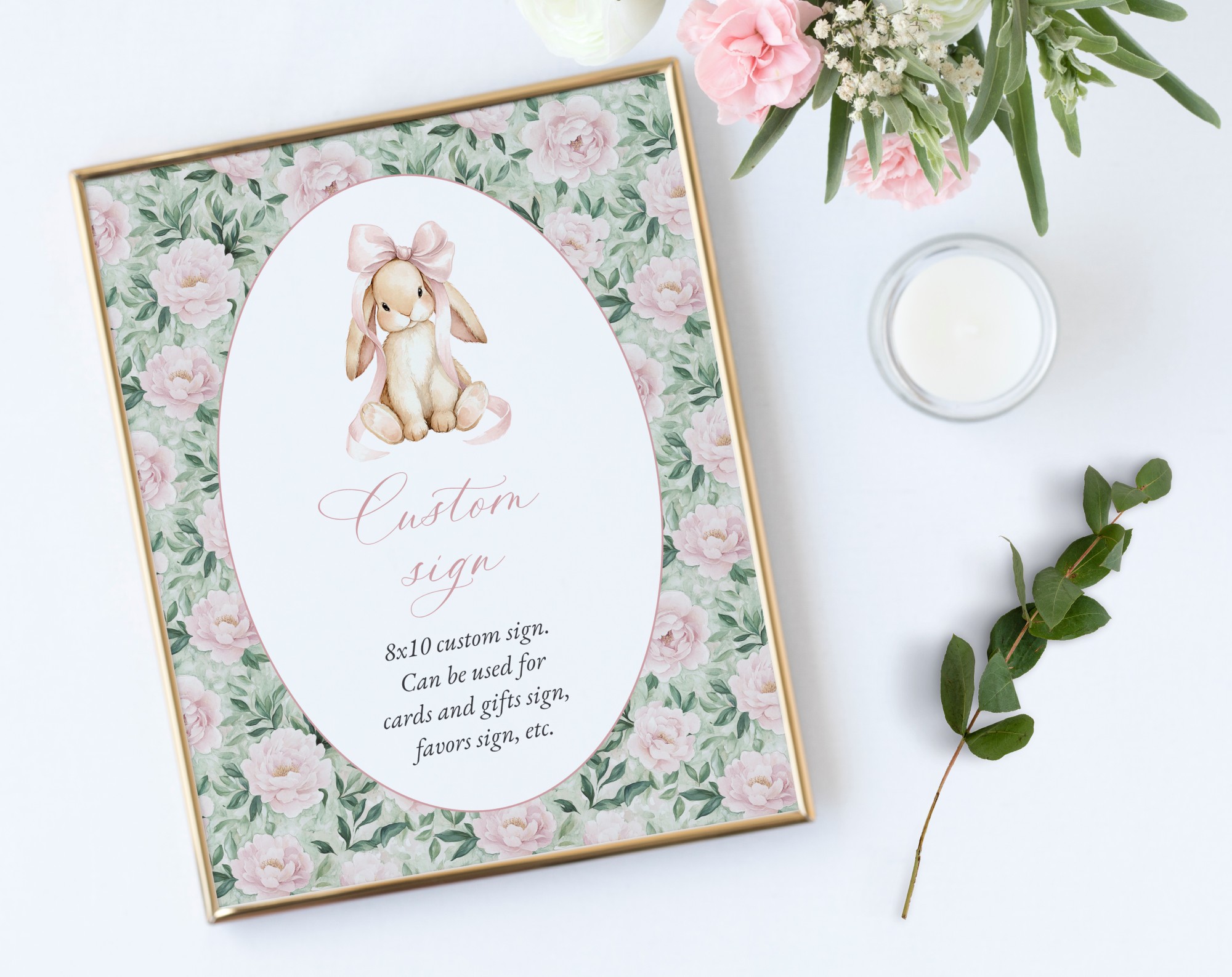 Bunny and Pink Flowers Custom Sign, Printable File, Edit Yourself, SH255 SH256