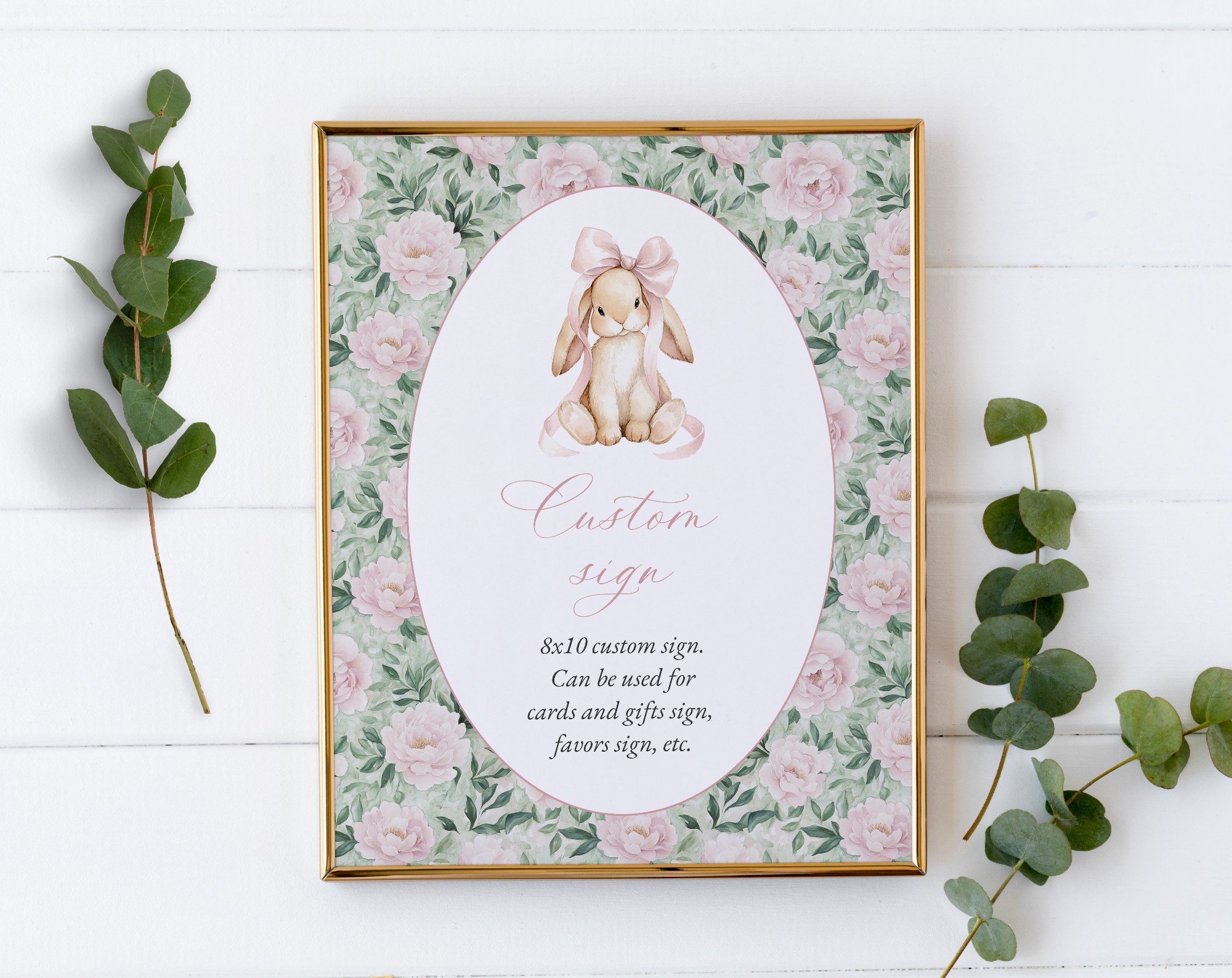 Bunny and Pink Flowers Custom Sign, Printable File, Edit Yourself, SH255 SH256