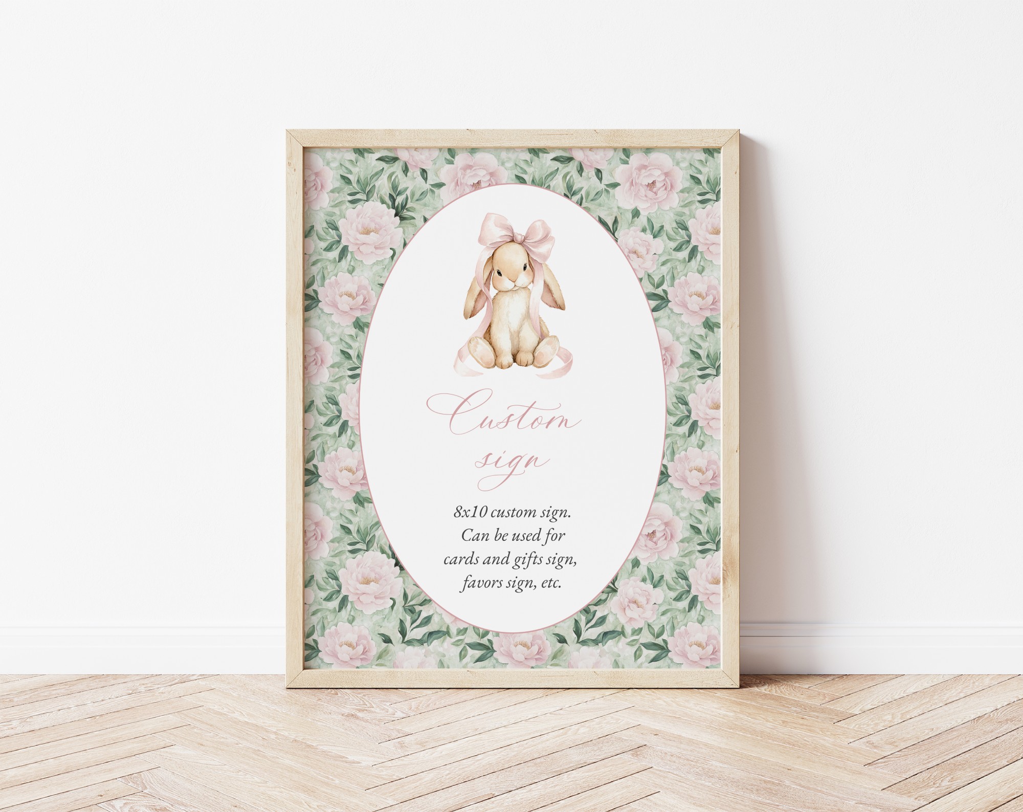 Bunny and Pink Flowers Custom Sign, Printable File, Edit Yourself, SH255 SH256