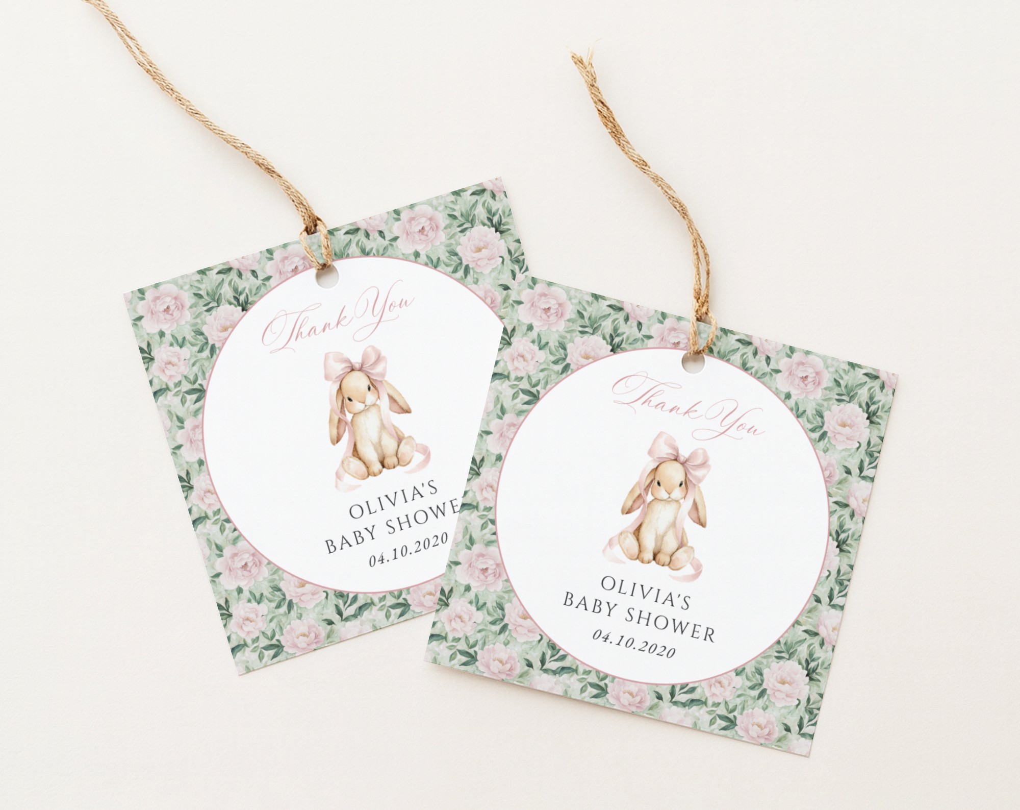 Bunny and Pink Flowers Favor Tags, Gift Tags, Girl Baby Shower, Printable File, Edit Yourself, SH255