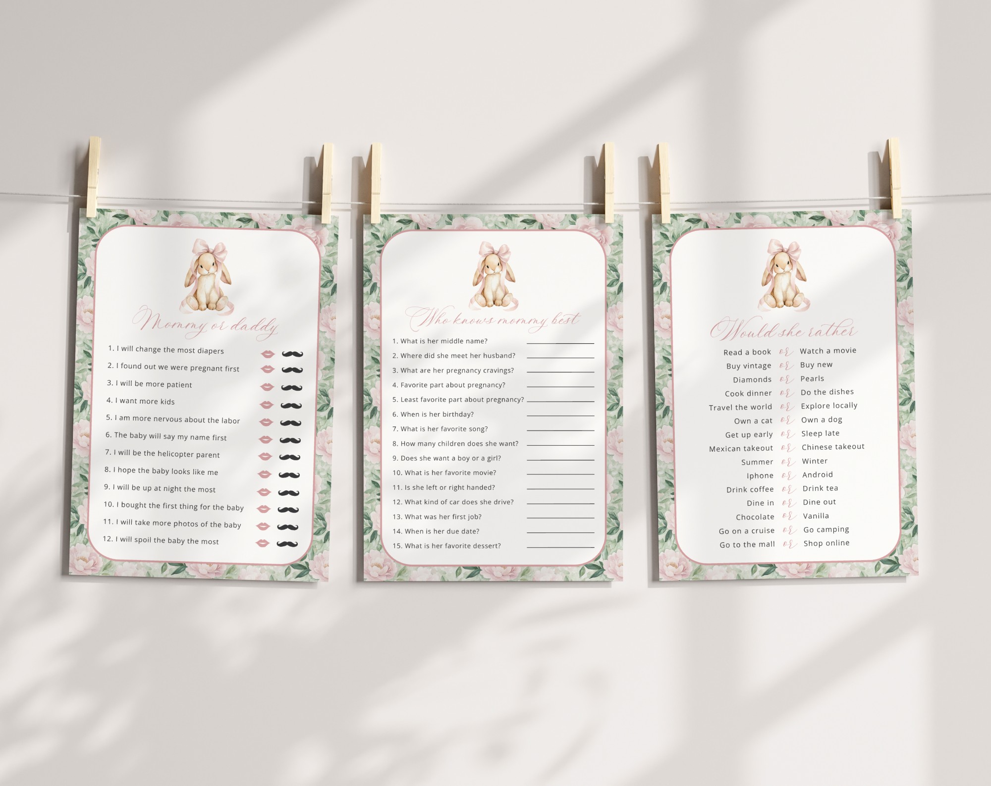 Bunny and Pink Flowers Baby Shower Games, Set of 3 Games, Girl Baby Shower, Printable File, Edit Yourself, SH255 Bunny and Pink Flowers Baby Shower Games, Set of 3 Games, Girl Baby Shower, Printable File, Edit Yourself, SH255