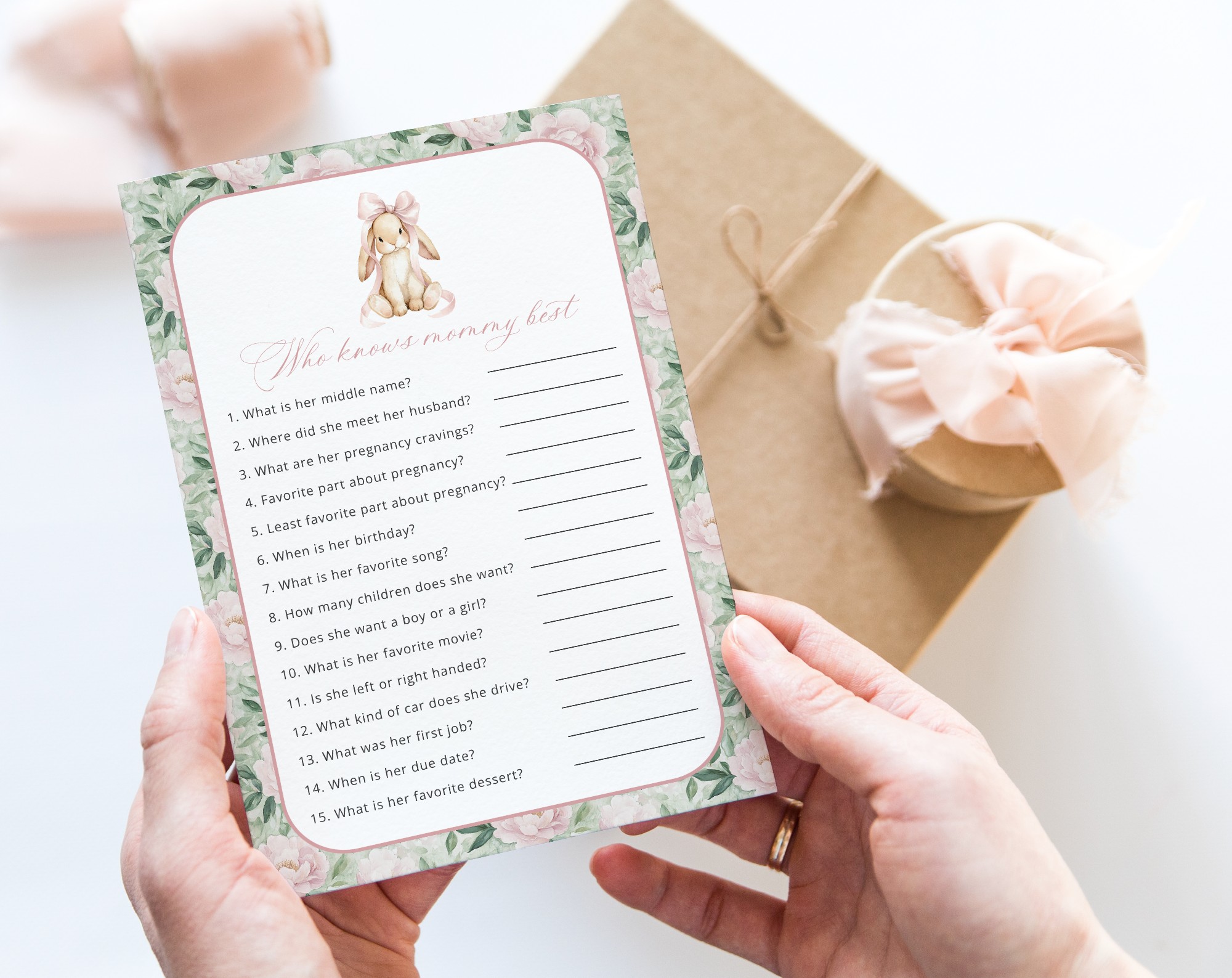 Bunny and Pink Flowers Baby Shower Games, Set of 3 Games, Girl Baby Shower, Printable File, Edit Yourself, SH255