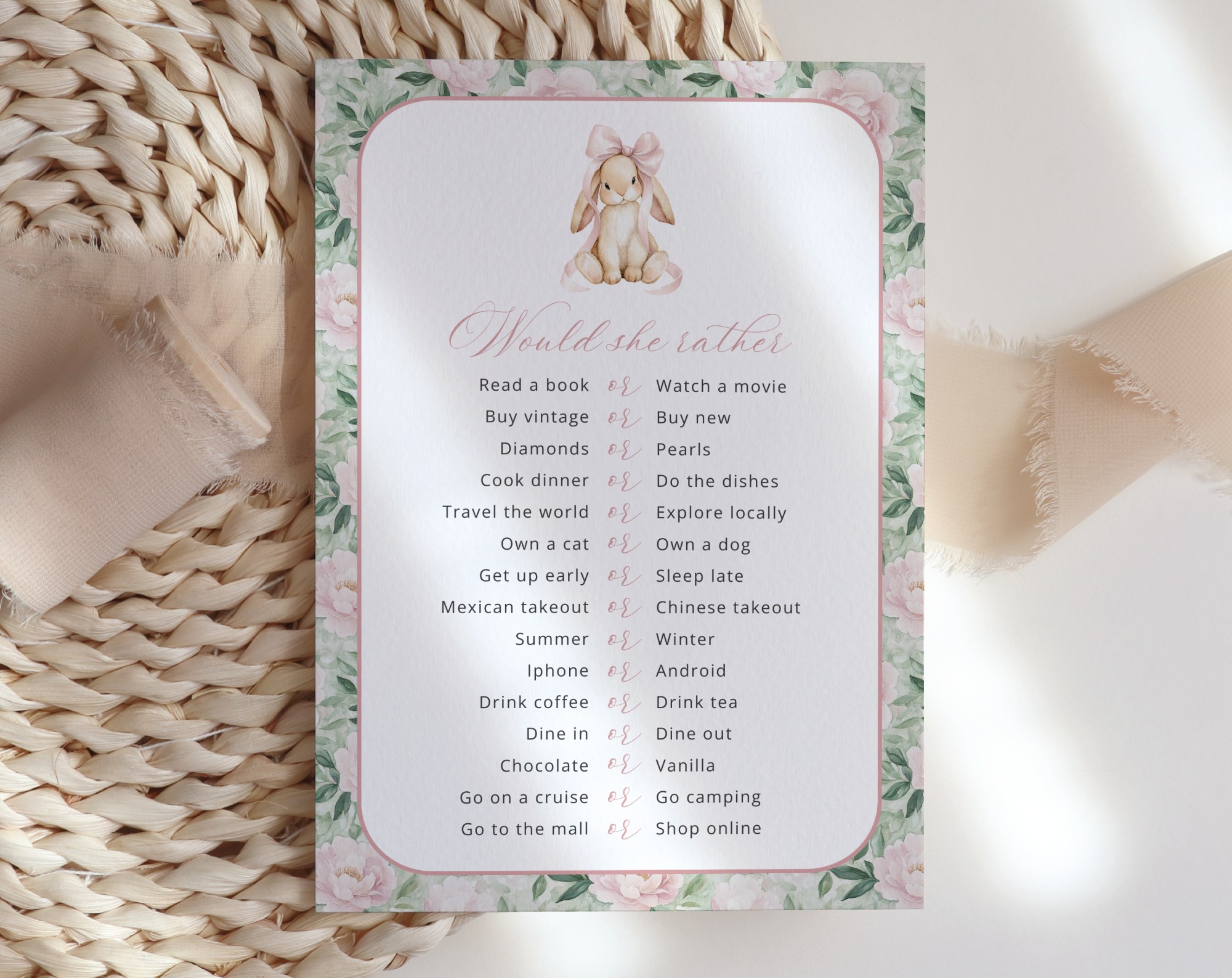 Bunny and Pink Flowers Baby Shower Games, Set of 3 Games, Girl Baby Shower, Printable File, Edit Yourself, SH255