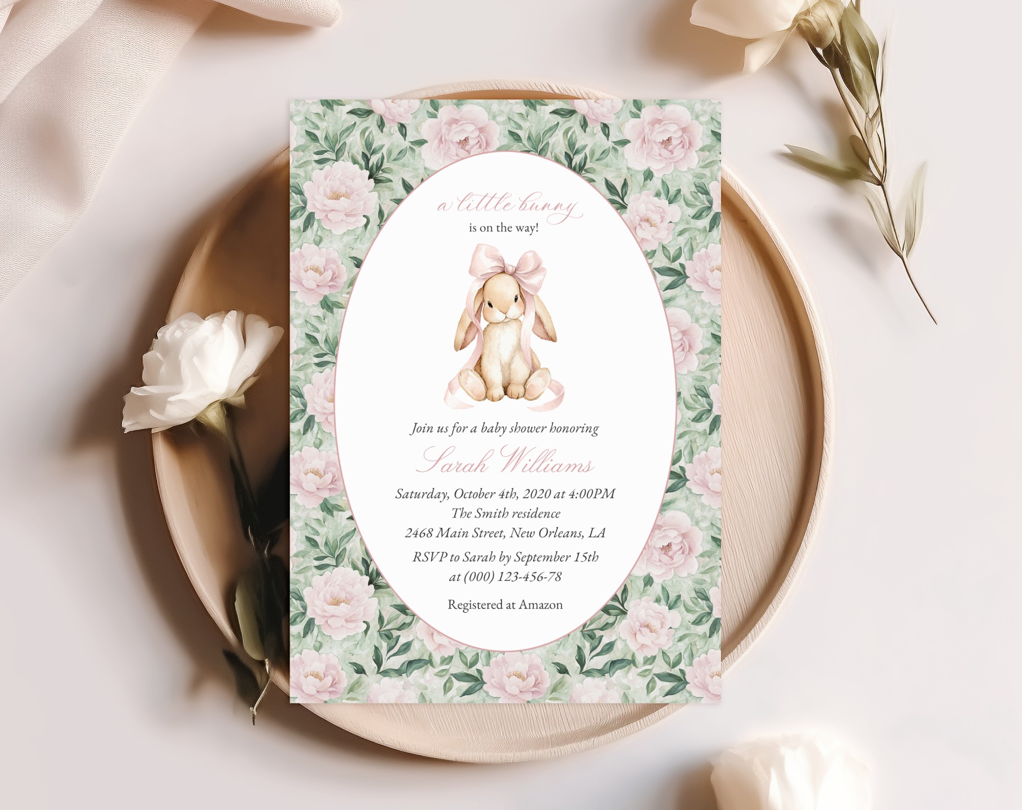 Bunny and Pink Flowers Baby Shower Invitation, Girl Baby Shower, Printable File, Edit Yourself, SH255 Bunny and Pink Flowers Baby Shower Invitation, Girl Baby Shower, Printable File, Edit Yourself, SH255