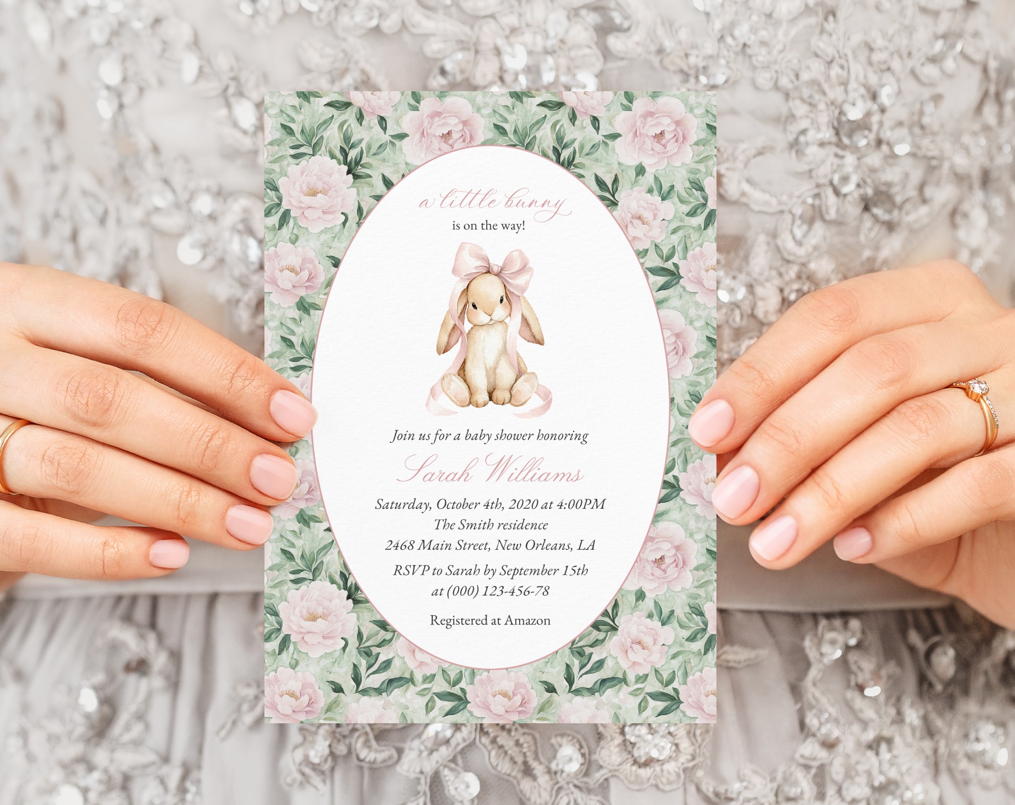 Bunny and Pink Flowers Baby Shower Invitation, Girl Baby Shower, Printable File, Edit Yourself, SH255 Bunny and Pink Flowers Baby Shower Invitation, Girl Baby Shower, Printable File, Edit Yourself, SH255