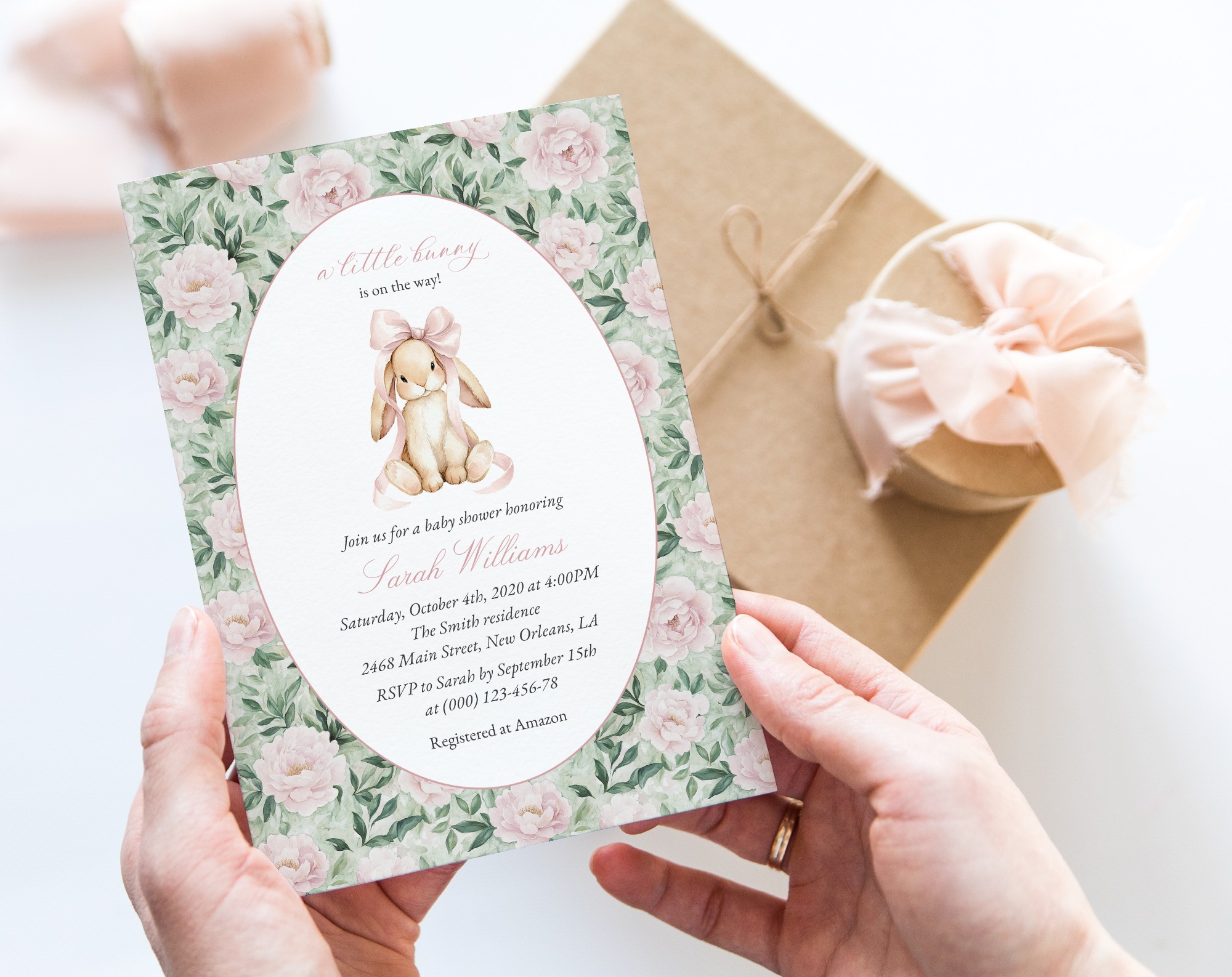 Bunny and Pink Flowers Baby Shower Invitation, Girl Baby Shower, Printable File, Edit Yourself, SH255