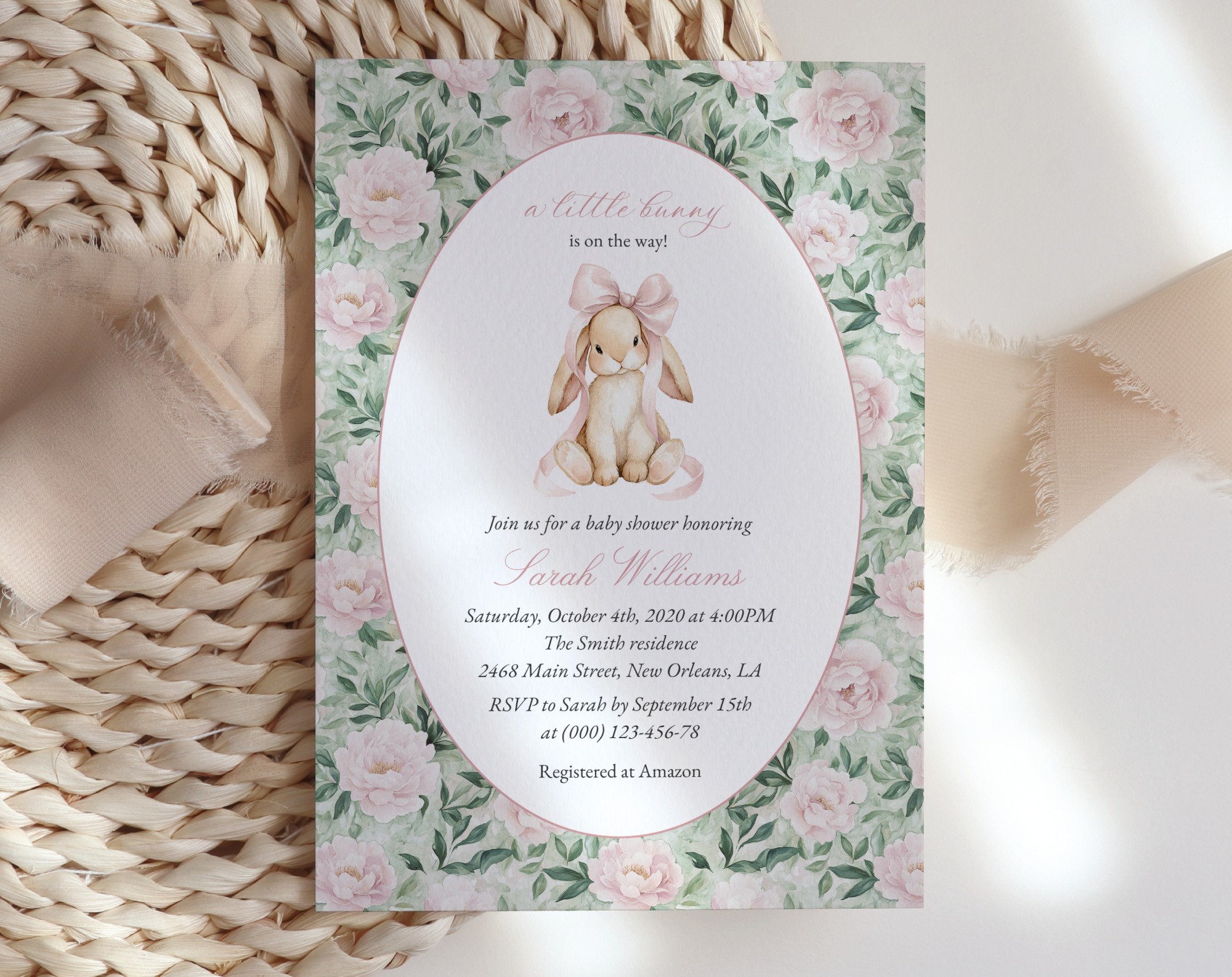 Bunny and Pink Flowers Baby Shower Invitation, Girl Baby Shower, Printable File, Edit Yourself, SH255 Bunny and Pink Flowers Baby Shower Invitation, Girl Baby Shower, Printable File, Edit Yourself, SH255