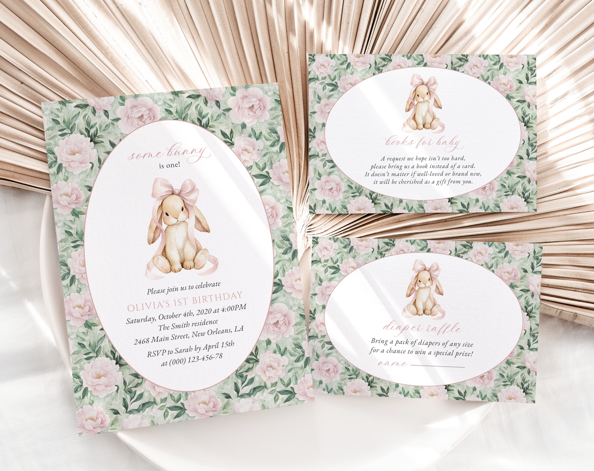 Bunny and Pink Flowers Baby Shower Invitation Suite, Girl Baby Shower, Printable File, Edit Yourself, SH255
