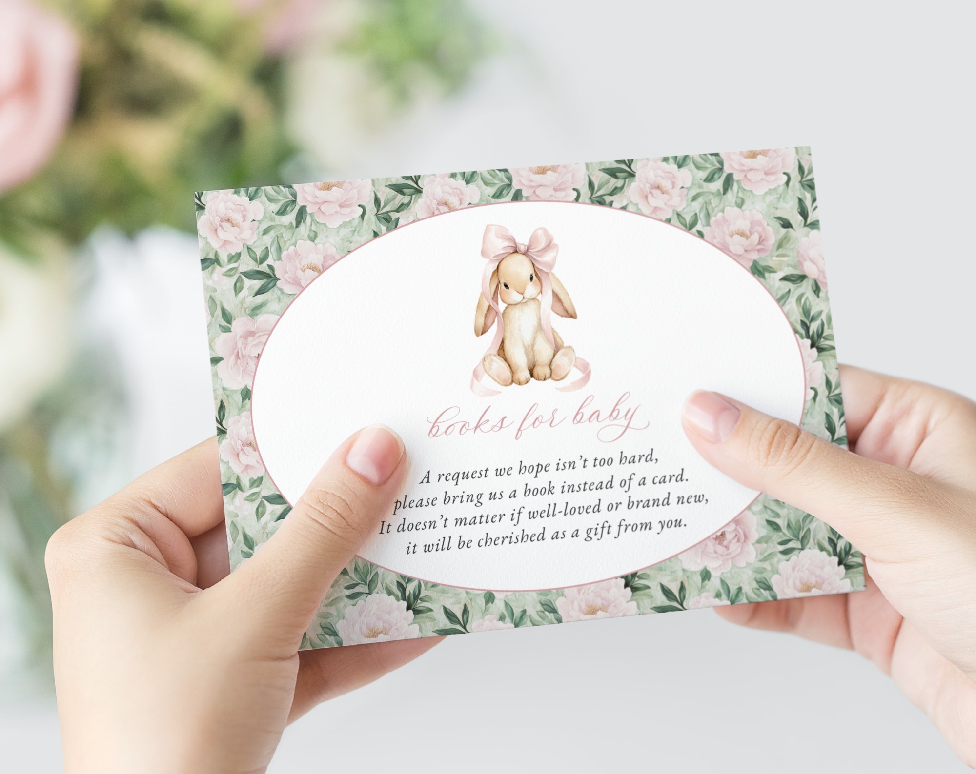 Bunny and Pink Flowers Baby Shower Invitation Suite, Girl Baby Shower, Printable File, Edit Yourself, SH255