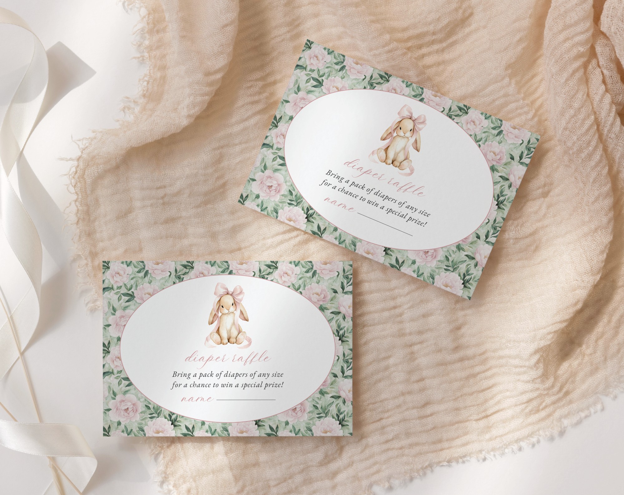 Bunny and Pink Flowers Baby Shower Invitation Suite, Girl Baby Shower, Printable File, Edit Yourself, SH255