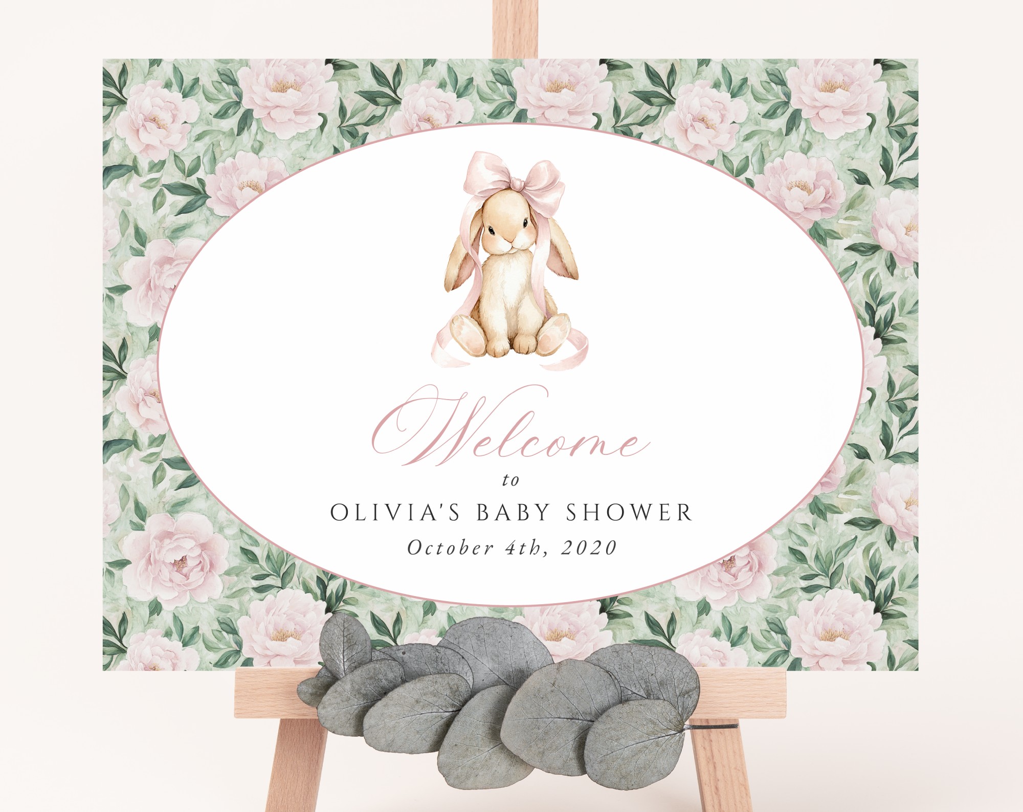 Bunny and Pink Flowers Welcome Sign, Baby Shower Sign, Girl Baby Shower, Printable File, Edit Yourself, SH255