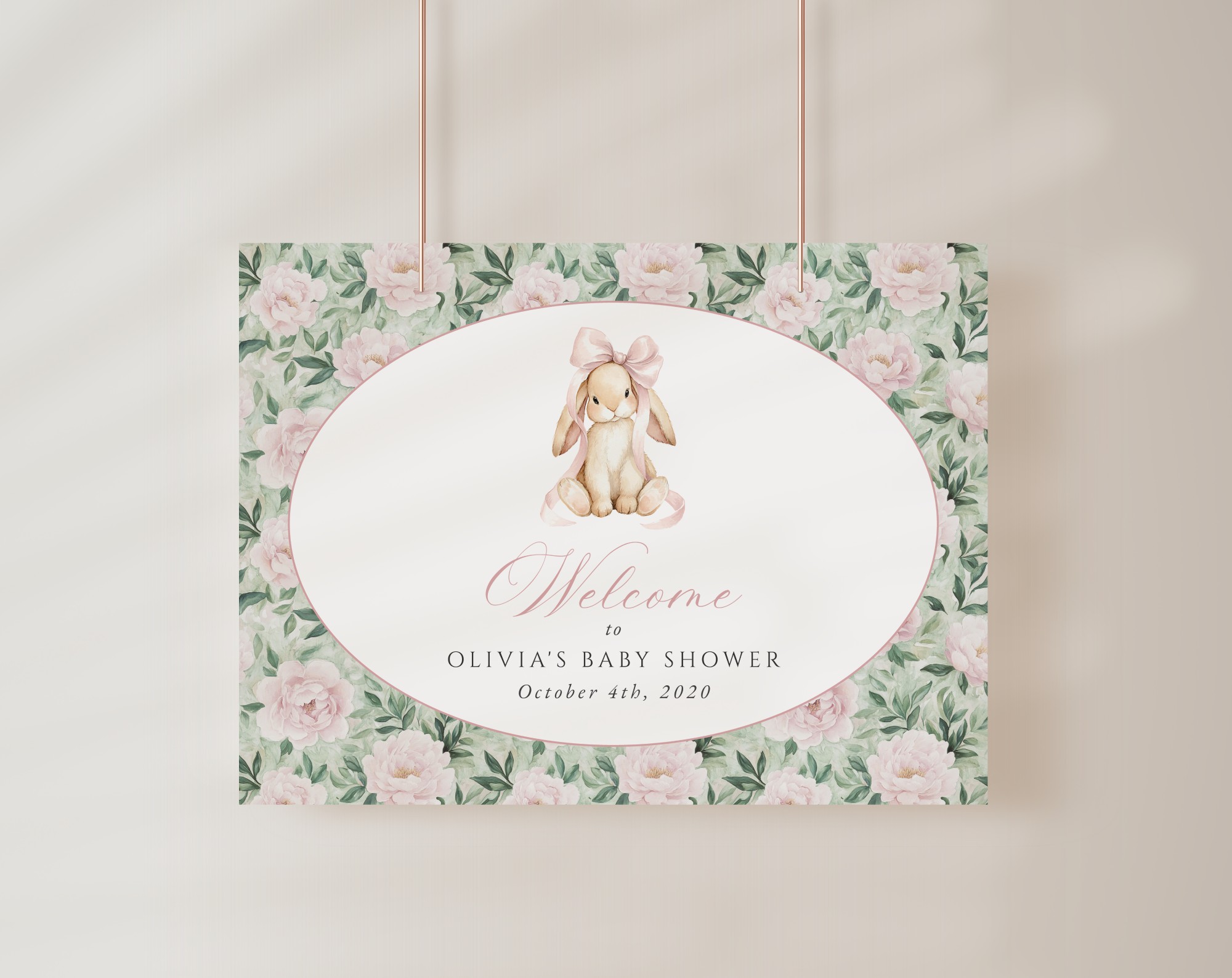 Bunny and Pink Flowers Welcome Sign, Baby Shower Sign, Girl Baby Shower, Printable File, Edit Yourself, SH255