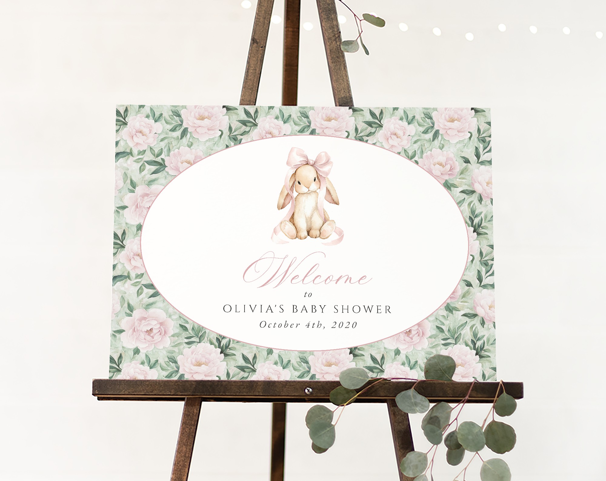 Bunny and Pink Flowers Welcome Sign, Baby Shower Sign, Girl Baby Shower, Printable File, Edit Yourself, SH255