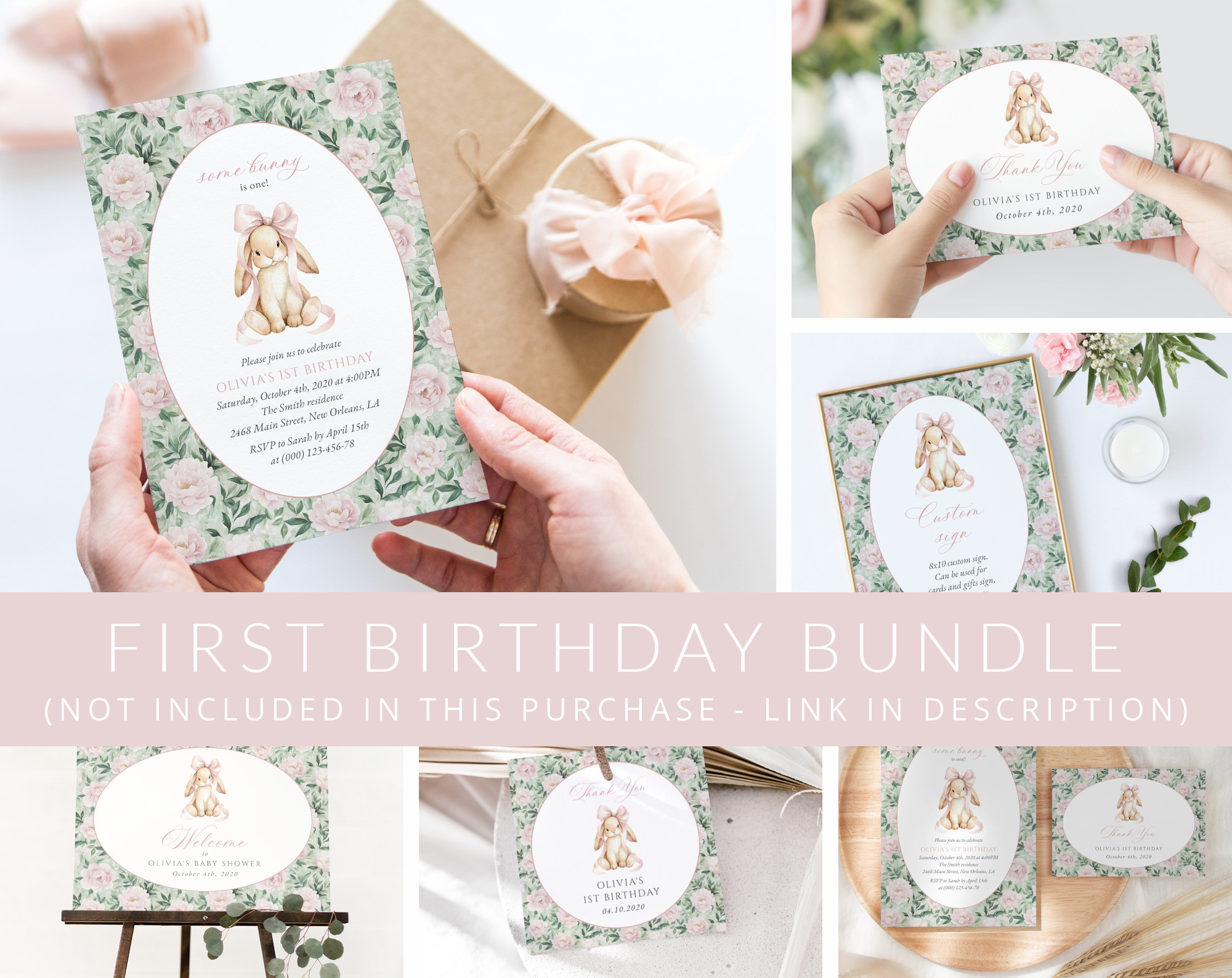 Bunny and Pink Flowers First Birthday Mini Bundle, Girl Birthday, Printable File, Edit Yourself, SH256