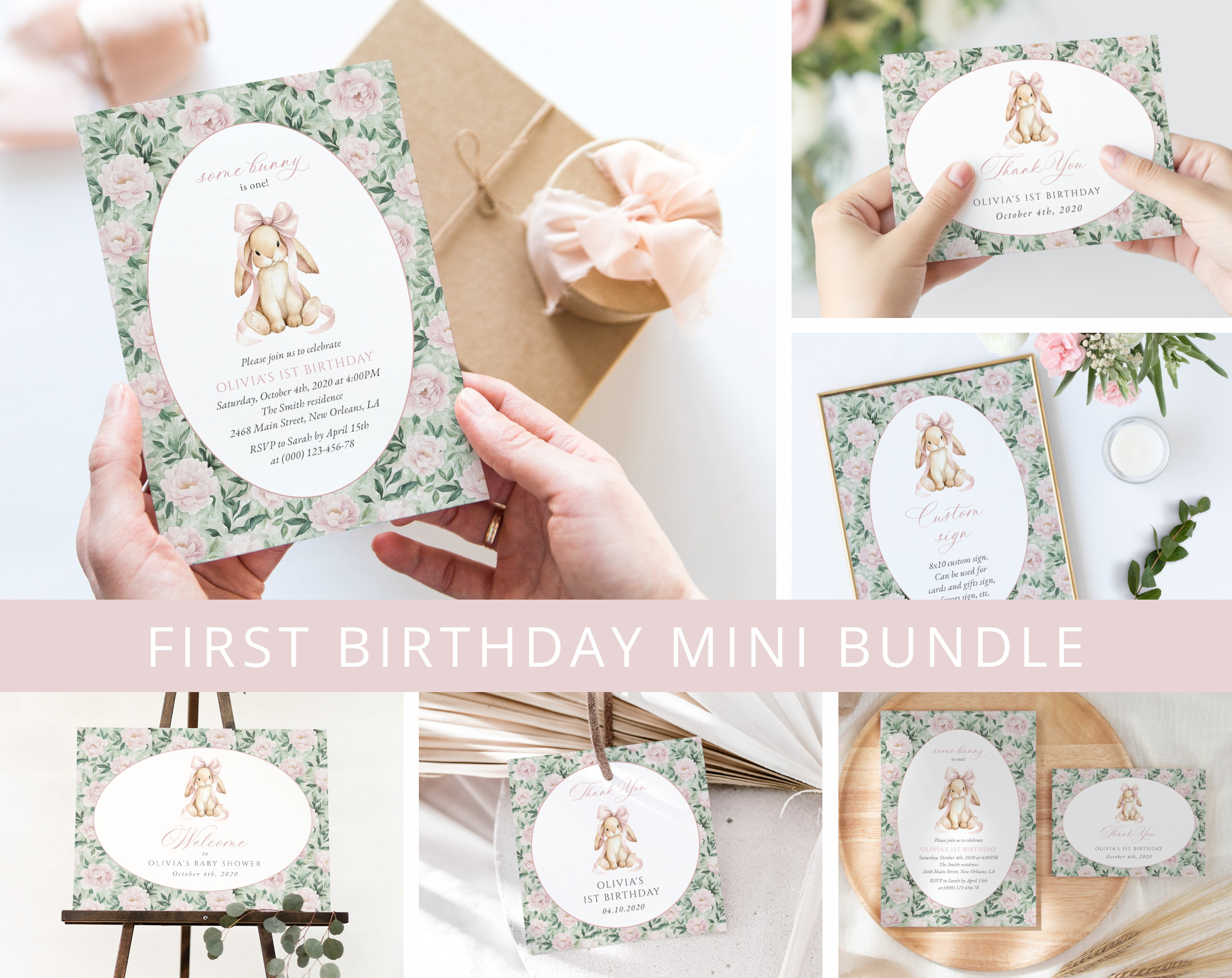 Bunny and Pink Flowers First Birthday Mini Bundle, Girl Birthday, Printable File, Edit Yourself, SH256