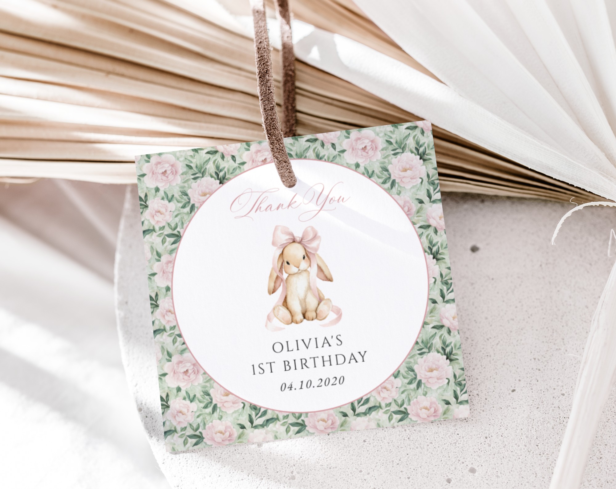 Bunny and Pink Flowers Favor Tags, First Birthday, Girl Birthday, Printable File, Edit Yourself, SH256