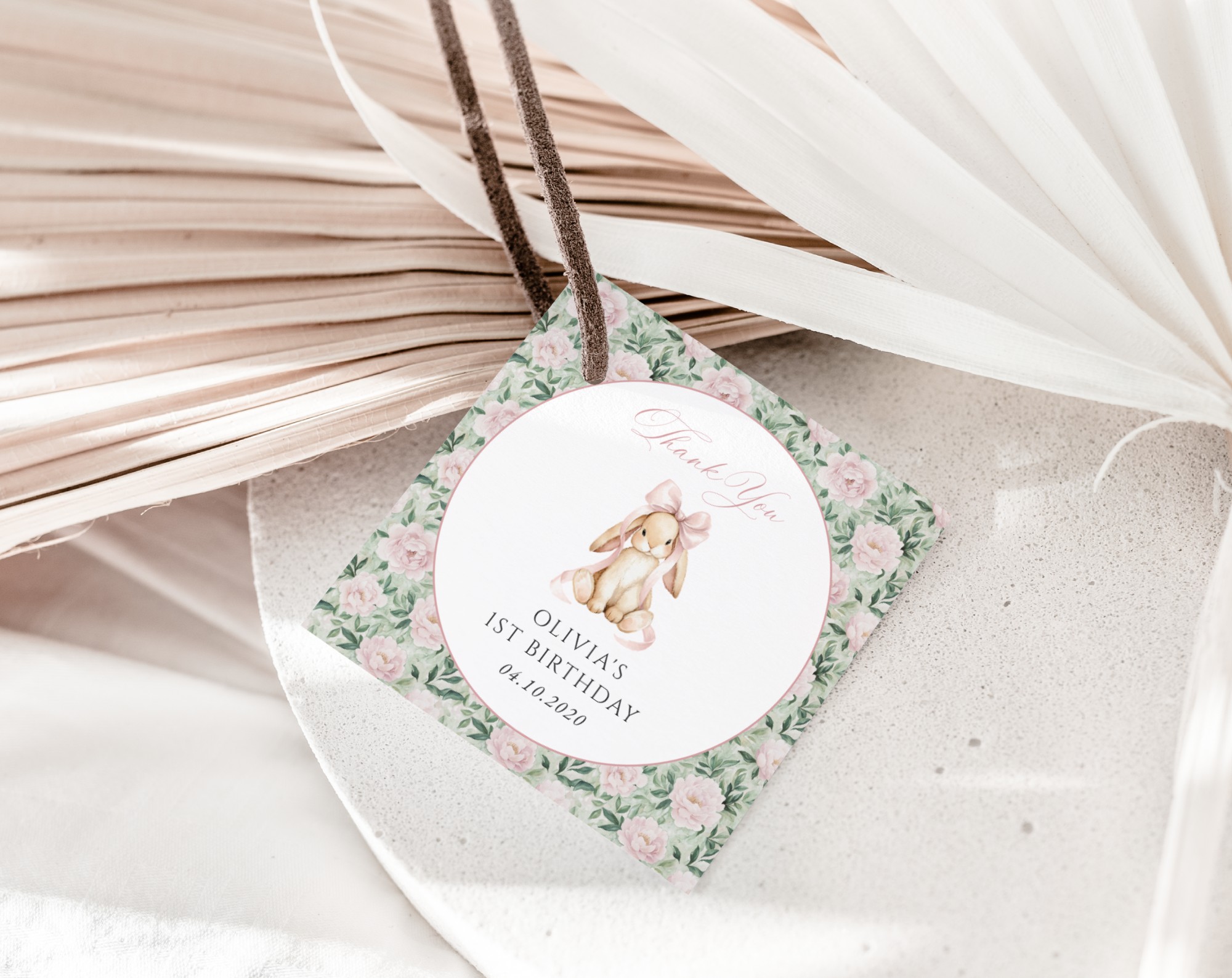 Bunny and Pink Flowers Favor Tags, First Birthday, Girl Birthday, Printable File, Edit Yourself, SH256