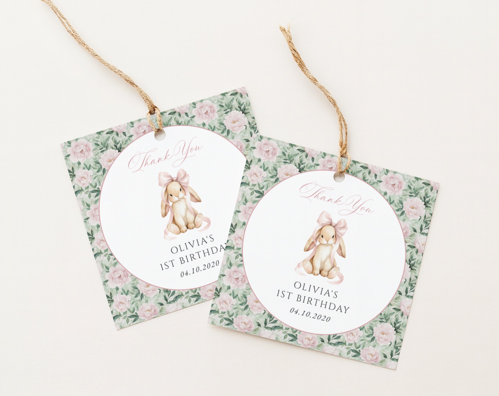 Bunny and Pink Flowers Favor Tags, First Birthday, Girl Birthday, Printable File, Edit Yourself, SH256