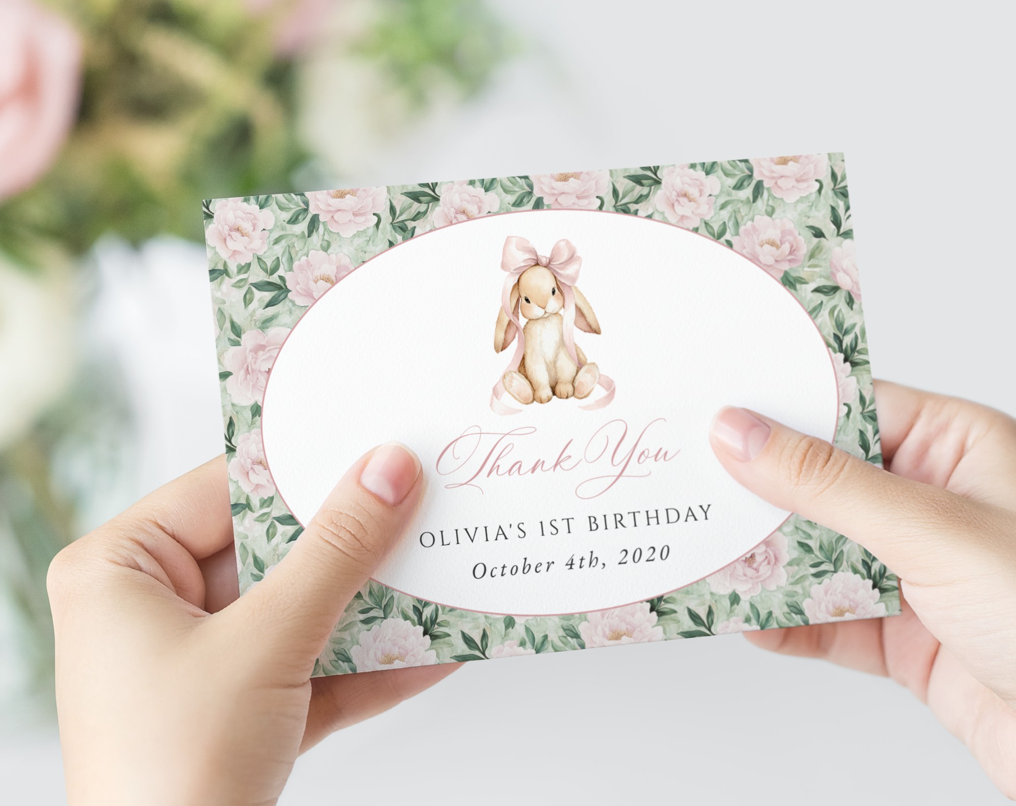 Bunny and Pink Flowers Thank You Card, First Birthday, Girl Birthday, Printable File, Edit Yourself, SH256