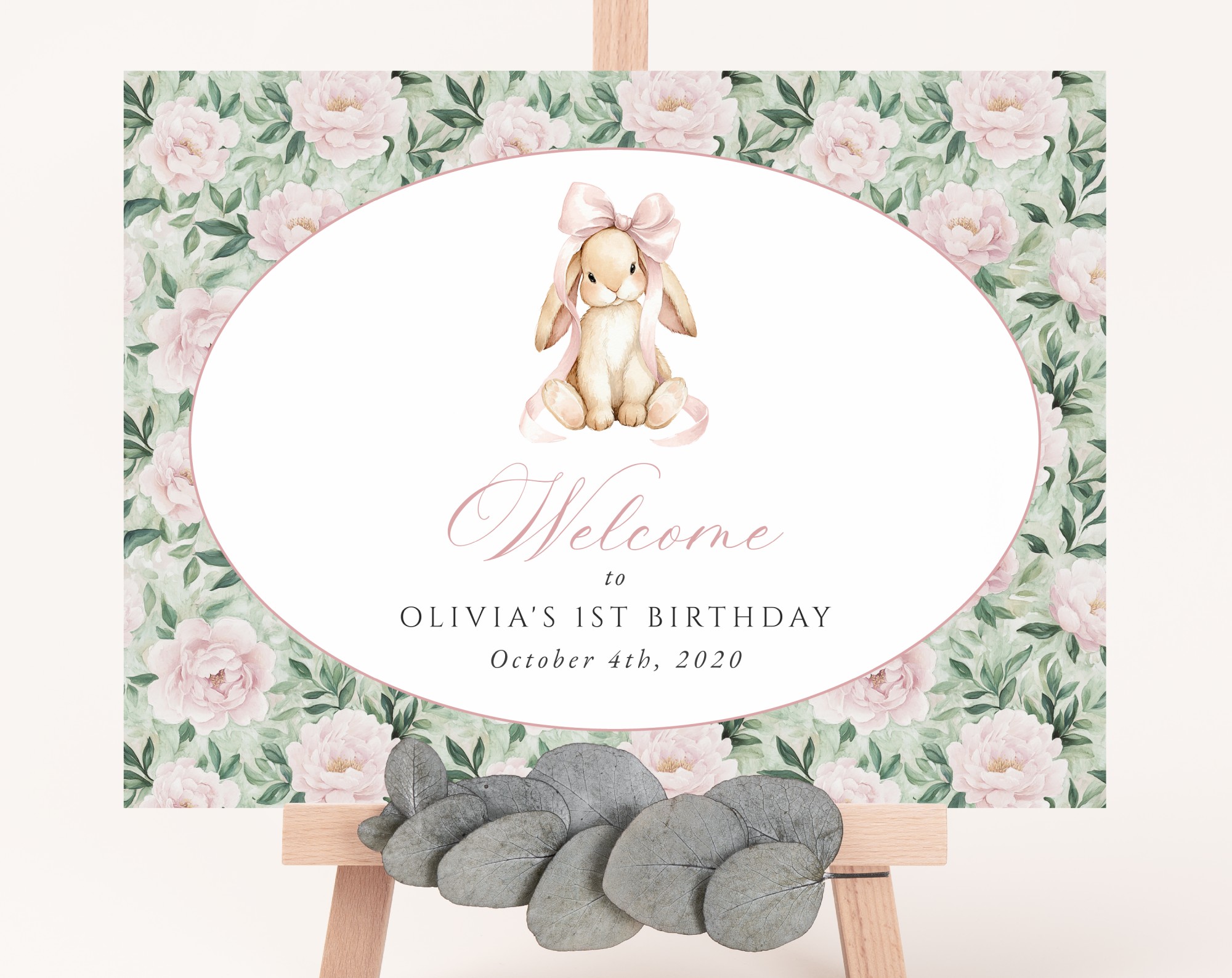 Bunny and Pink Flowers Welcome Sign, First Birthday, Girl Birthday, Printable File, Edit Yourself, SH256 Bunny and Pink Flowers Welcome Sign, First Birthday, Girl Birthday, Printable File, Edit Yourself, SH256
