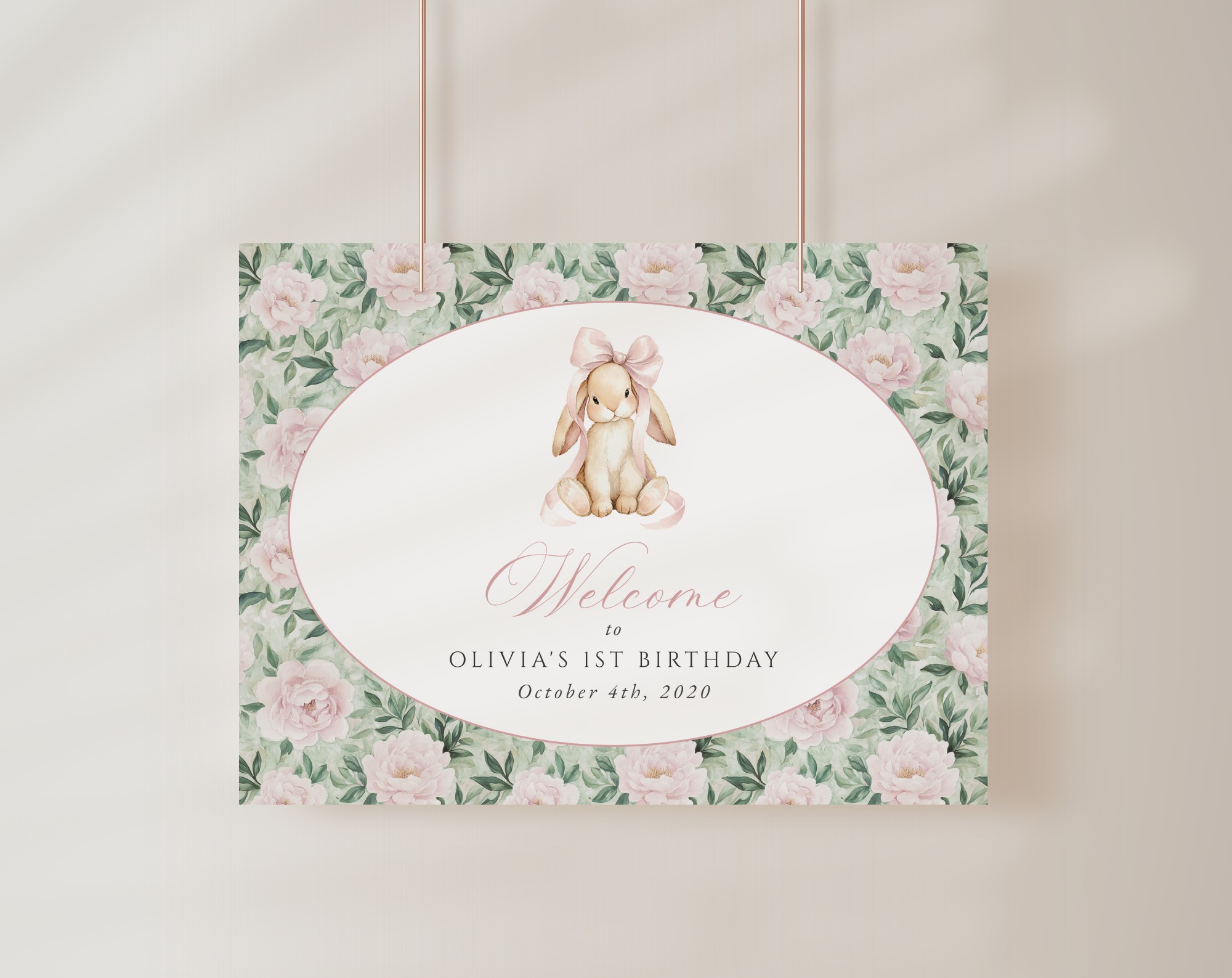 Bunny and Pink Flowers Welcome Sign, First Birthday, Girl Birthday, Printable File, Edit Yourself, SH256 Bunny and Pink Flowers Welcome Sign, First Birthday, Girl Birthday, Printable File, Edit Yourself, SH256