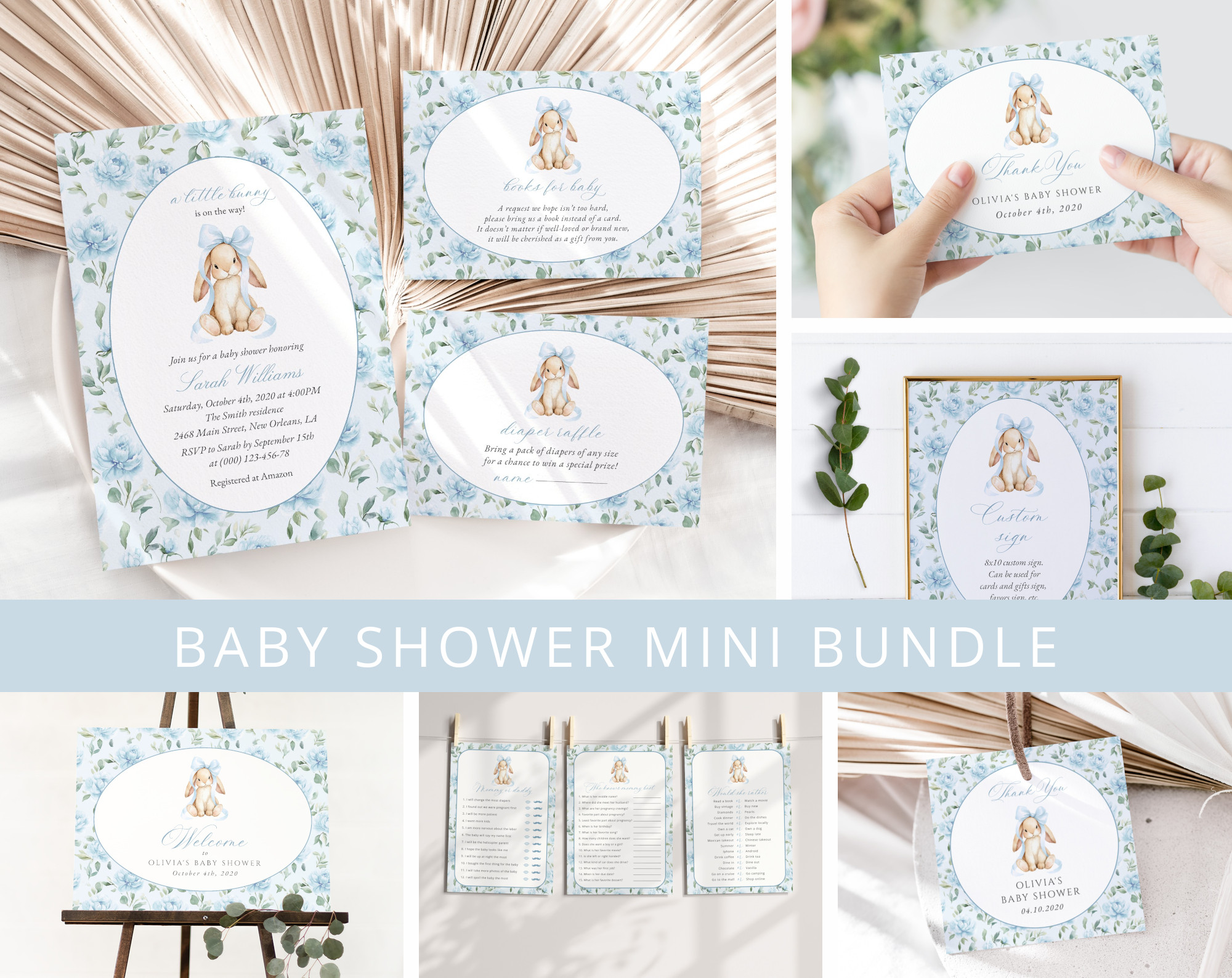 SH257 Bundle Cute Bunny and Blue Flowers Baby Shower Mini Bundle, Boy Baby Shower, Printable File, Edit Yourself, SH257