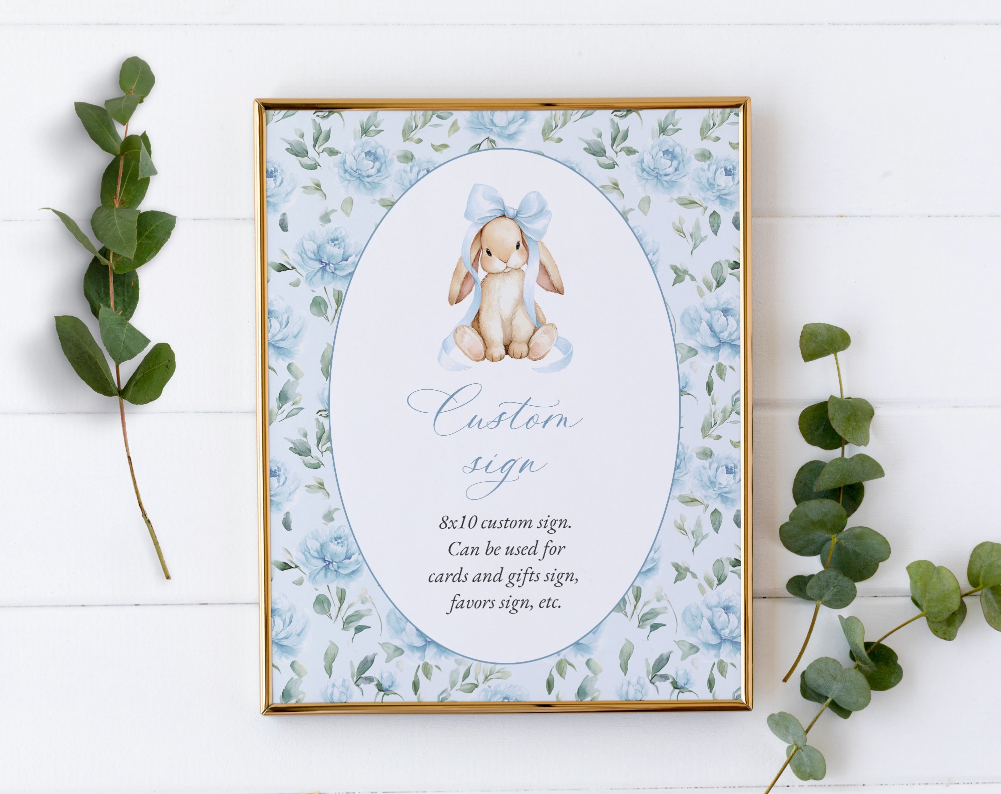 Cute Bunny and Blue Flowers Custom Sign, Printable File, Edit Yourself, SH257 SH258 Cute Bunny and Blue Flowers Custom Sign, Printable File, Edit Yourself, SH257 SH258