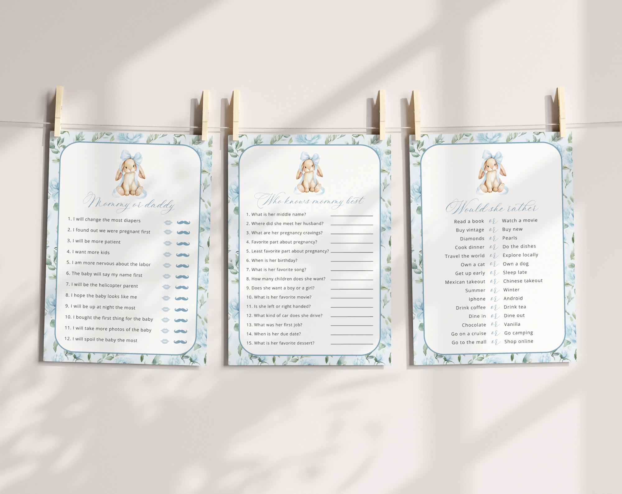Cute Bunny and Blue Flowers Baby Shower Games, Set of 3 Games, Boy Baby Shower, Printable File, Edit Yourself, SH257 Cute Bunny and Blue Flowers Baby Shower Games, Set of 3 Games, Boy Baby Shower, Printable File, Edit Yourself, SH257