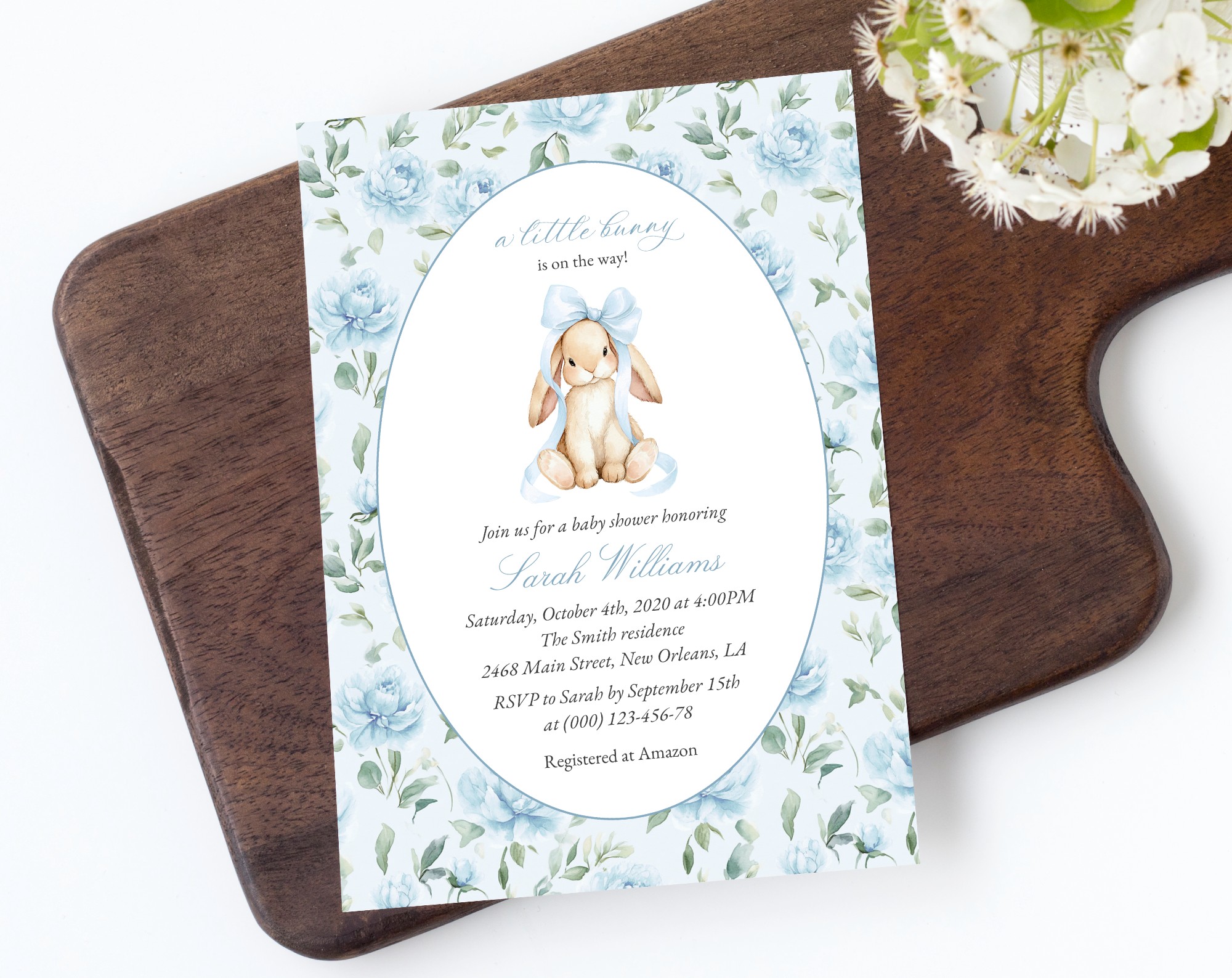 Cute Bunny and Blue Flowers Baby Shower Invitation, Boy Baby Shower, Printable File, Edit Yourself, SH257 Cute Bunny and Blue Flowers Baby Shower Invitation, Boy Baby Shower, Printable File, Edit Yourself, SH257