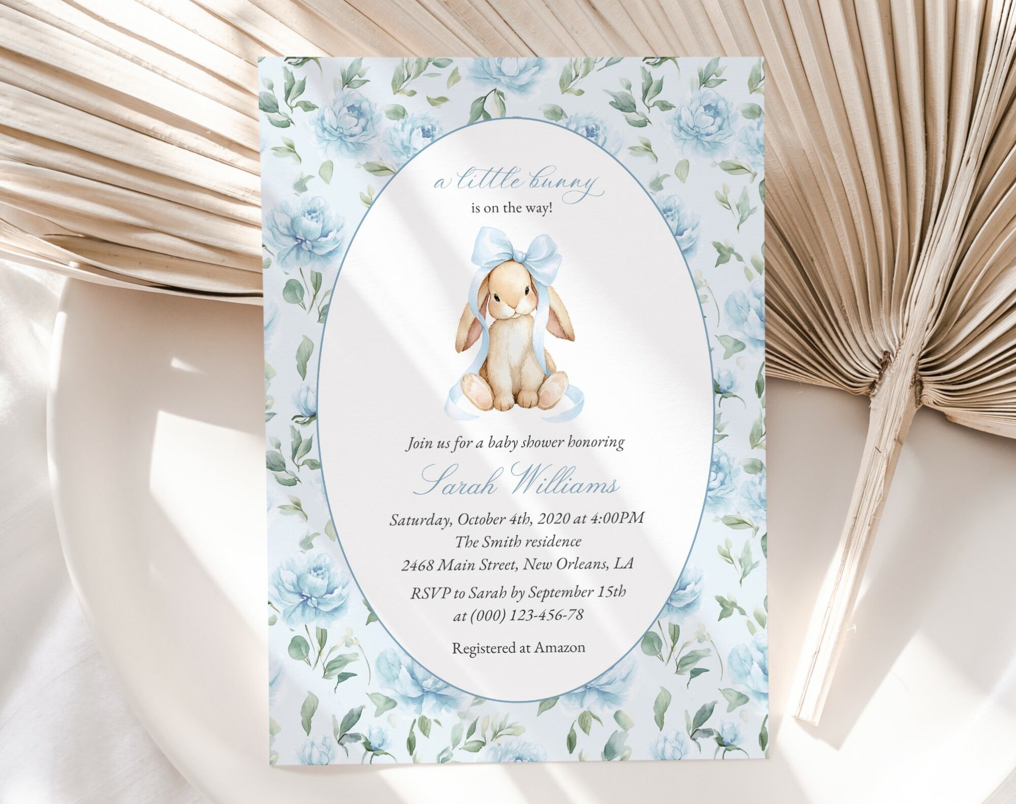 Cute Bunny and Blue Flowers Baby Shower Invitation, Boy Baby Shower, Printable File, Edit Yourself, SH257 Cute Bunny and Blue Flowers Baby Shower Invitation, Boy Baby Shower, Printable File, Edit Yourself, SH257