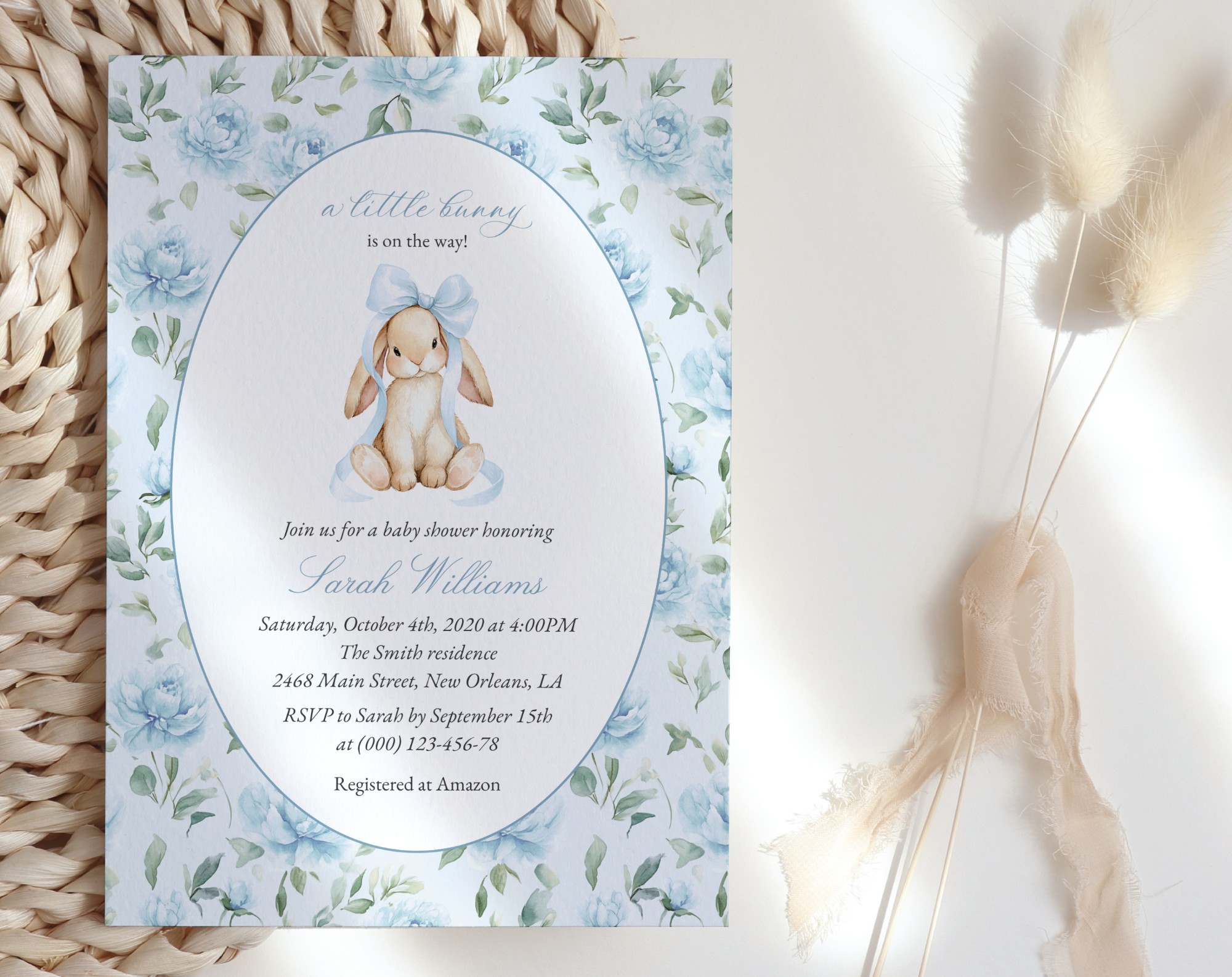 Cute Bunny and Blue Flowers Baby Shower Invitation, Boy Baby Shower, Printable File, Edit Yourself, SH257 Cute Bunny and Blue Flowers Baby Shower Invitation, Boy Baby Shower, Printable File, Edit Yourself, SH257