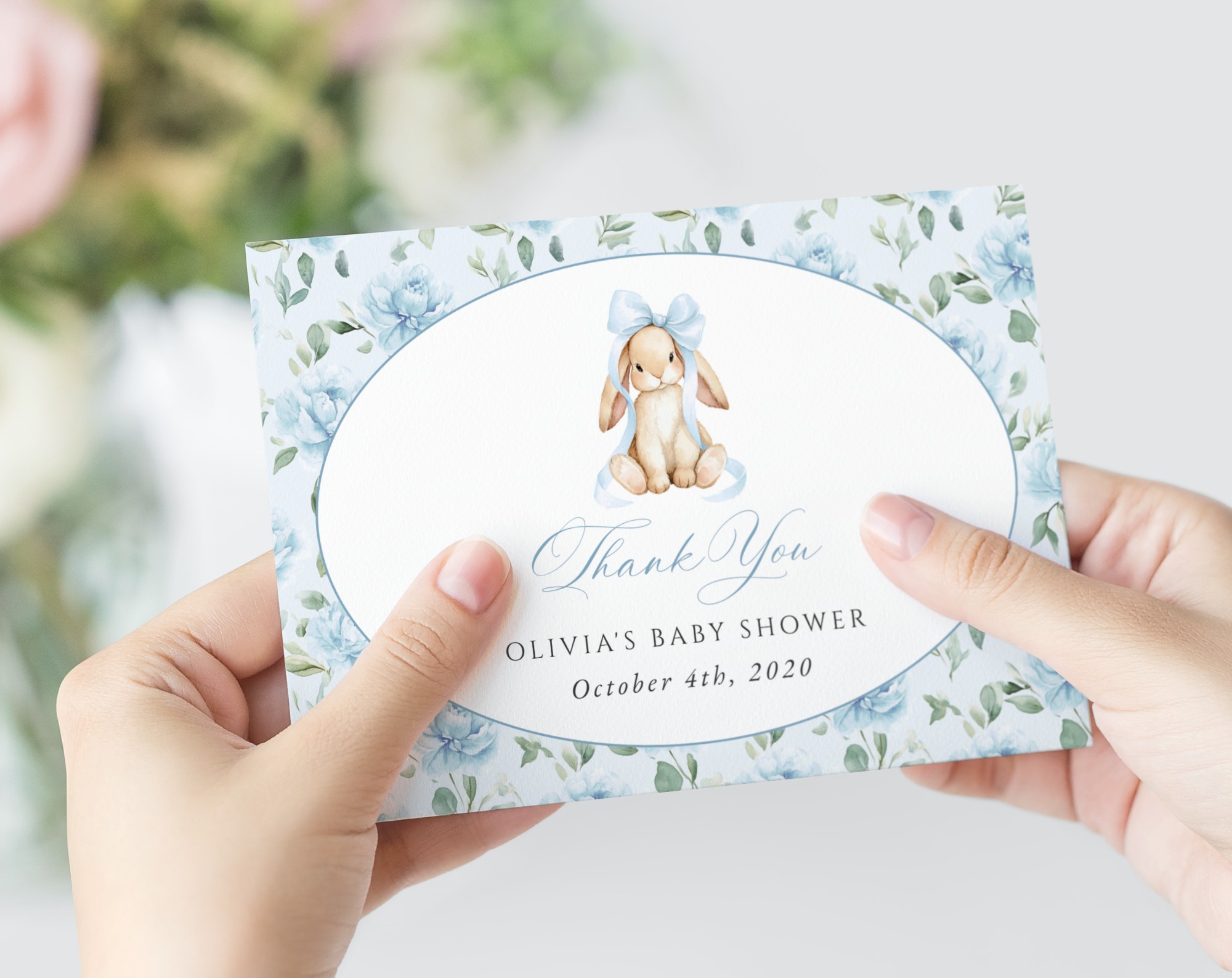 Cute Bunny and Blue Flowers Thank You Card, Boy Baby Shower, Printable File, Edit Yourself, SH257 Cute Bunny and Blue Flowers Thank You Card, Boy Baby Shower, Printable File, Edit Yourself, SH257