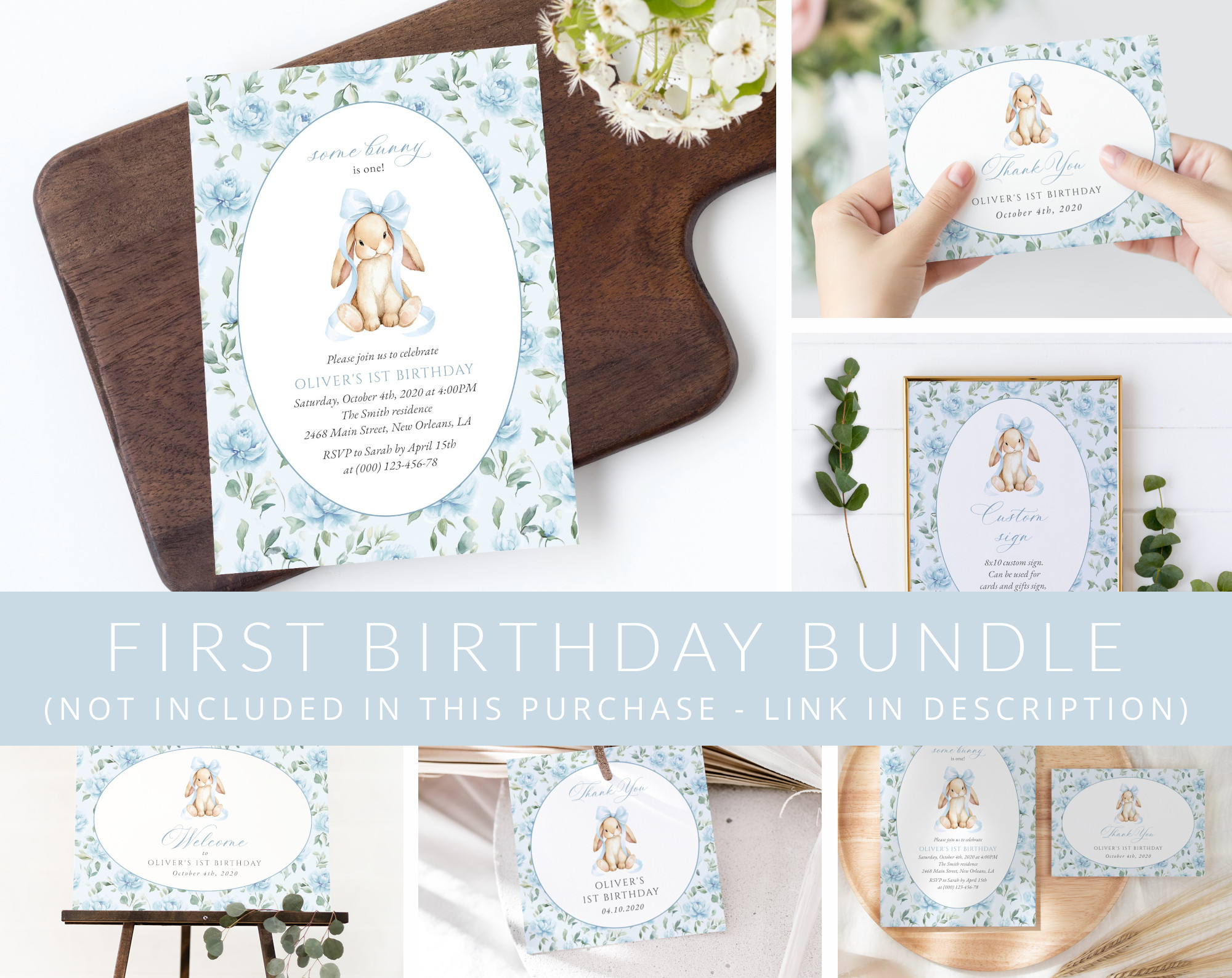 Cute Bunny and Blue Flowers First Birthday Mini Bundle, Boy Birthday, Printable File, Edit Yourself, SH258 Cute Bunny and Blue Flowers First Birthday Mini Bundle, Boy Birthday, Printable File, Edit Yourself, SH258