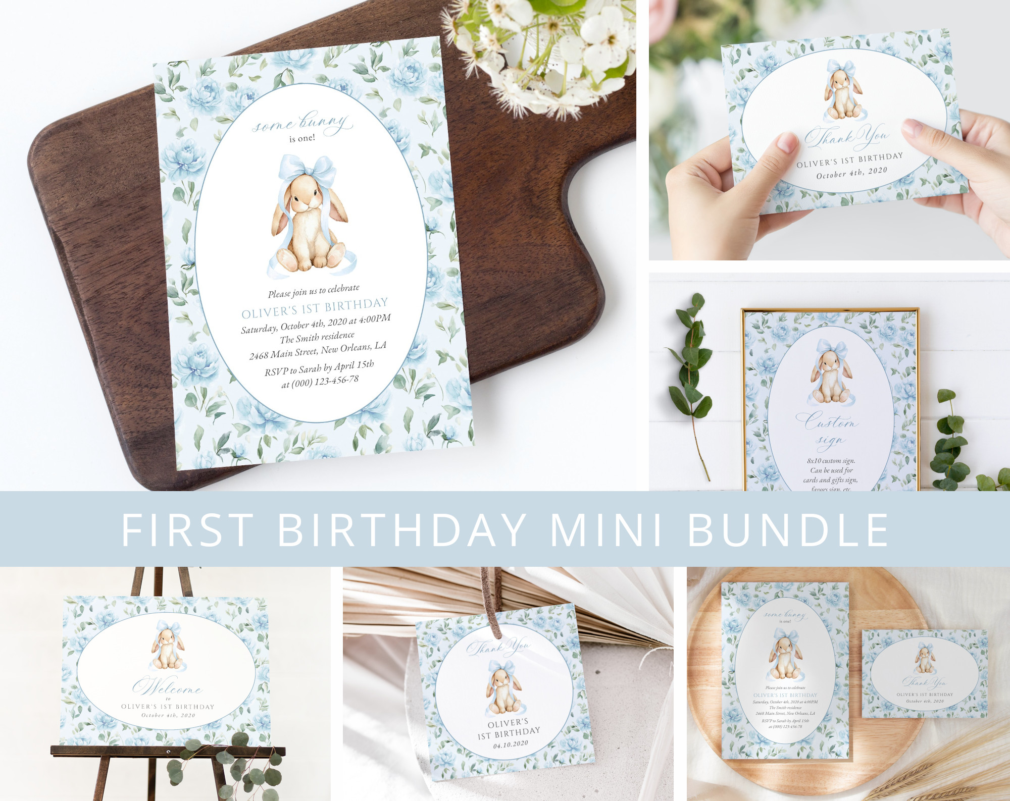 Cute Bunny and Blue Flowers First Birthday Mini Bundle, Boy Birthday, Printable File, Edit Yourself, SH258 Cute Bunny and Blue Flowers First Birthday Mini Bundle, Boy Birthday, Printable File, Edit Yourself, SH258