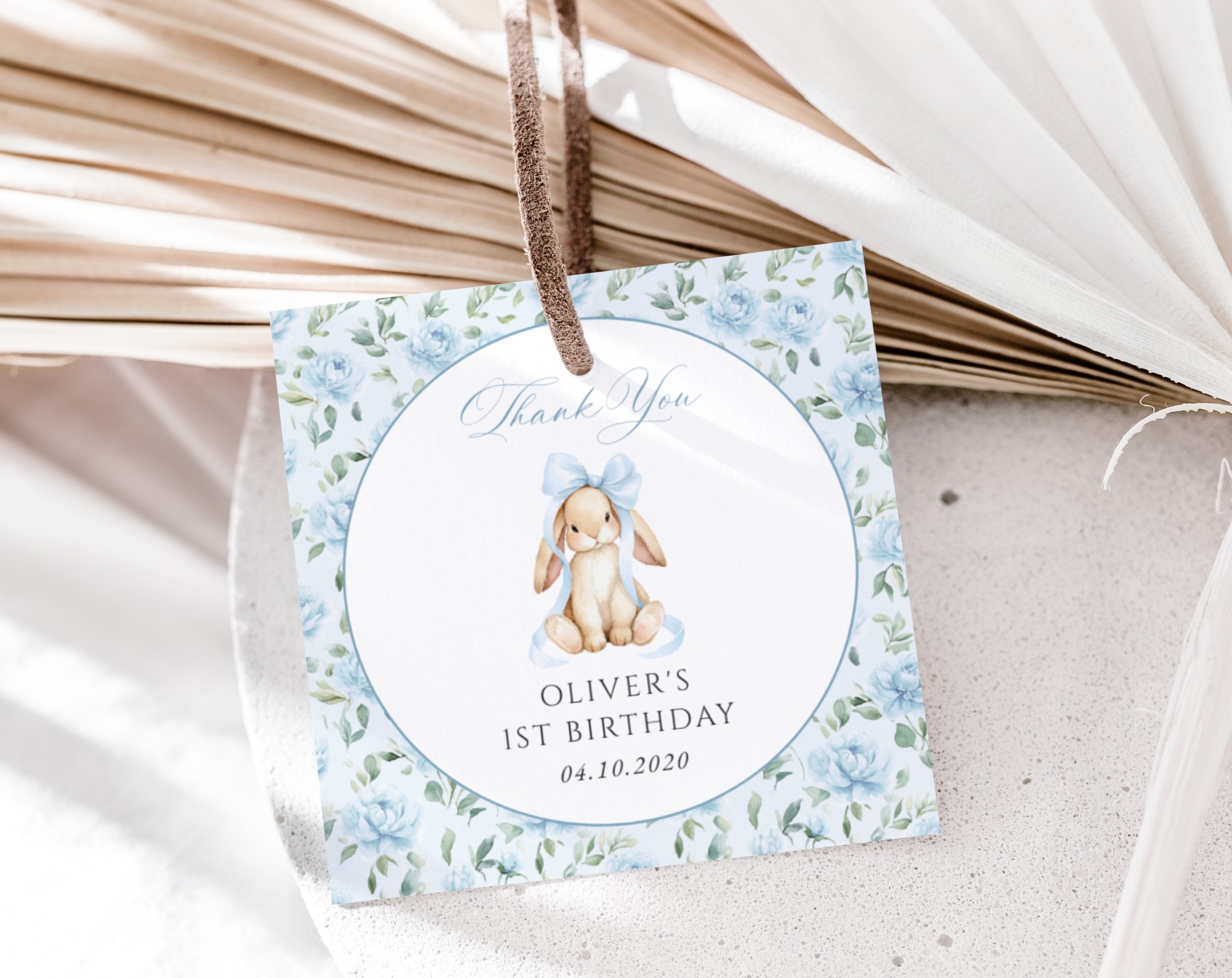 Cute Bunny and Blue Flowers Favor Tags, First Birthday, Boy Birthday, Printable File, Edit Yourself, SH258 Cute Bunny and Blue Flowers Favor Tags, First Birthday, Boy Birthday, Printable File, Edit Yourself, SH258