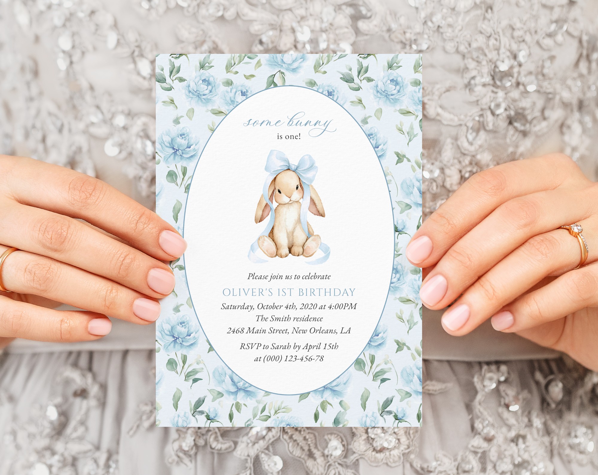 Cute Bunny and Blue Flowers First Birthday Invitation, Birthday Stationery, Boy Birthday, Printable File, Edit Yourself, SH258 Cute Bunny and Blue Flowers First Birthday Invitation, Birthday Stationery, Boy Birthday, Printable File, Edit Yourself, SH258