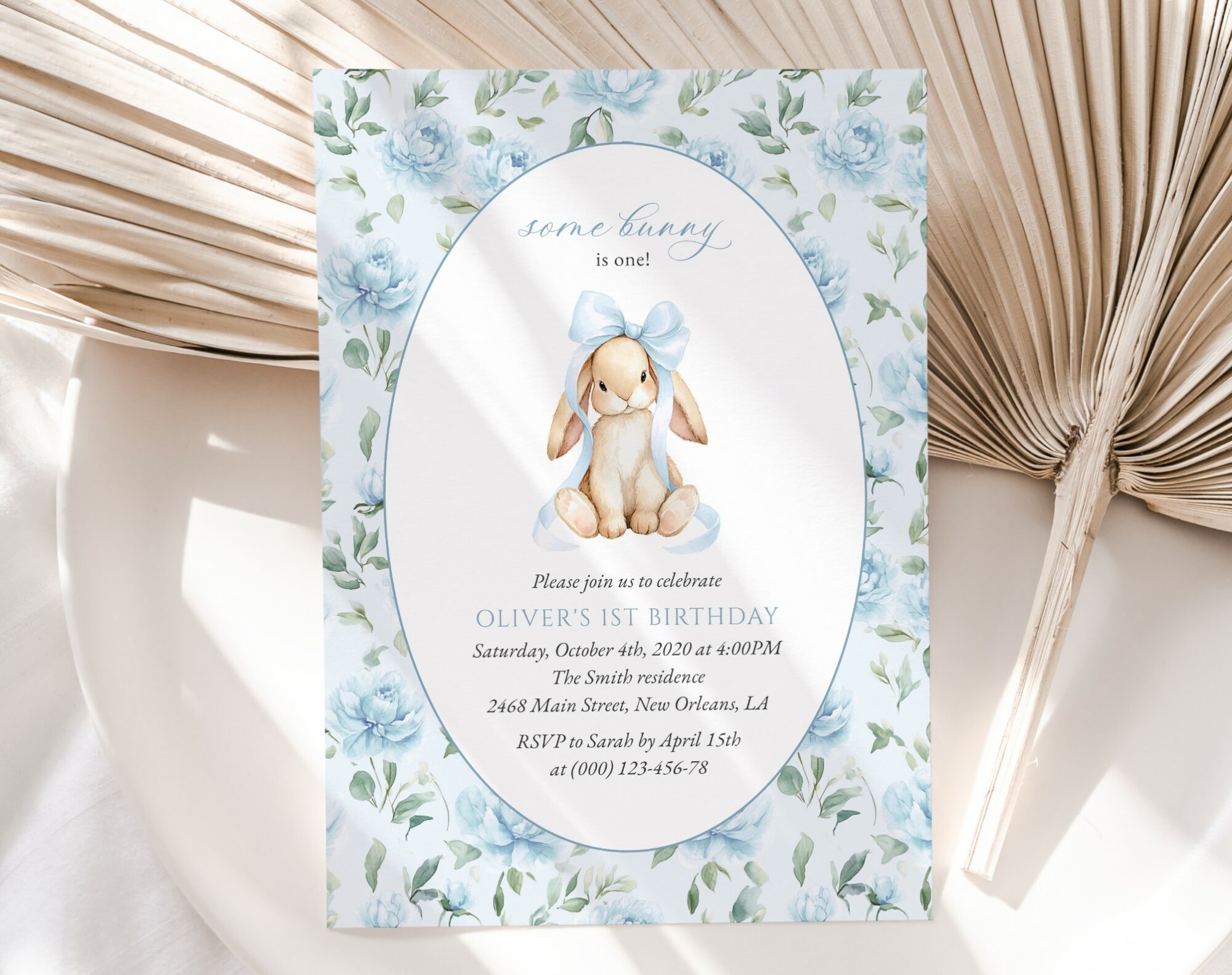 Cute Bunny and Blue Flowers First Birthday Invitation, Birthday Stationery, Boy Birthday, Printable File, Edit Yourself, SH258 Cute Bunny and Blue Flowers First Birthday Invitation, Birthday Stationery, Boy Birthday, Printable File, Edit Yourself, SH258