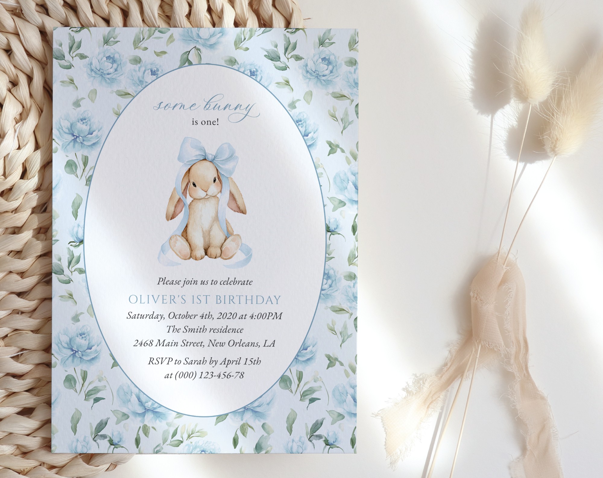 Cute Bunny and Blue Flowers First Birthday Invitation, Birthday Stationery, Boy Birthday, Printable File, Edit Yourself, SH258 Cute Bunny and Blue Flowers First Birthday Invitation, Birthday Stationery, Boy Birthday, Printable File, Edit Yourself, SH258