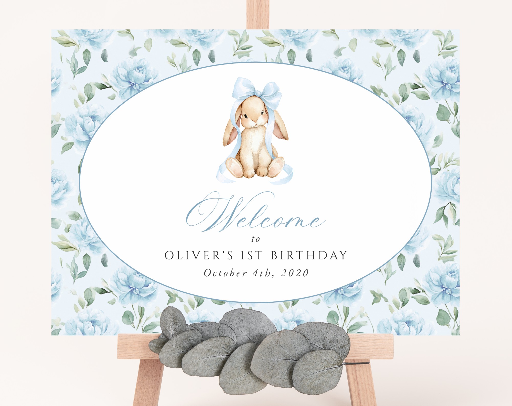 Cute Bunny and Blue Flowers Welcome Sign, First Birthday, Boy Birthday, Printable File, Edit Yourself, SH258 Cute Bunny and Blue Flowers Welcome Sign, First Birthday, Boy Birthday, Printable File, Edit Yourself, SH258