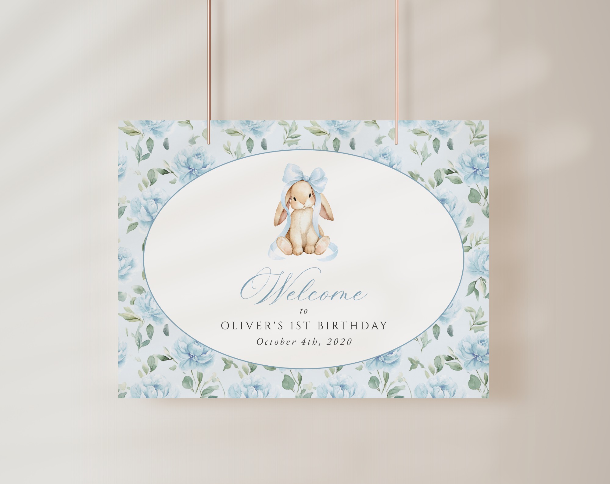Cute Bunny and Blue Flowers Welcome Sign, First Birthday, Boy Birthday, Printable File, Edit Yourself, SH258 Cute Bunny and Blue Flowers Welcome Sign, First Birthday, Boy Birthday, Printable File, Edit Yourself, SH258