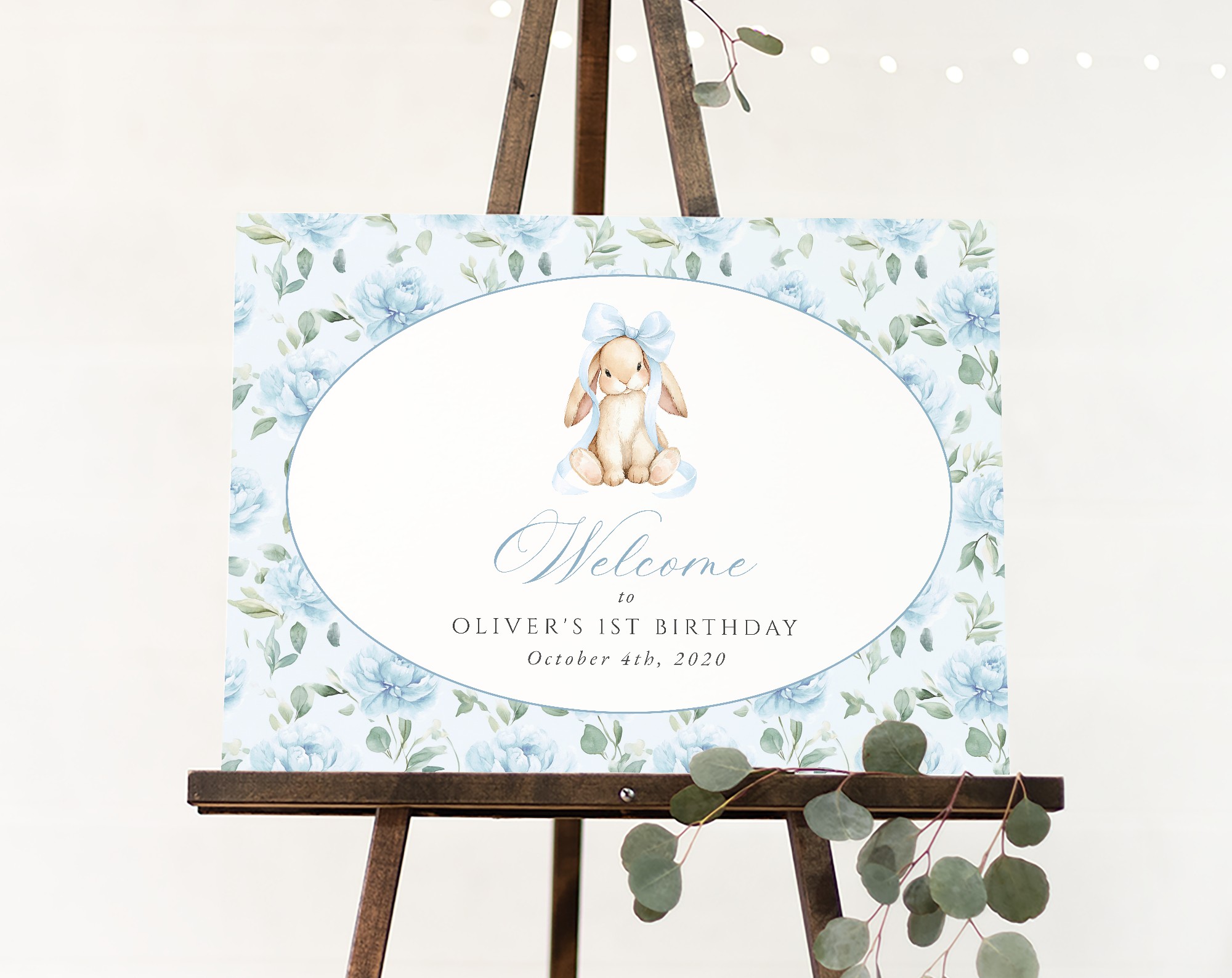Cute Bunny and Blue Flowers Welcome Sign, First Birthday, Boy Birthday, Printable File, Edit Yourself, SH258 Cute Bunny and Blue Flowers Welcome Sign, First Birthday, Boy Birthday, Printable File, Edit Yourself, SH258