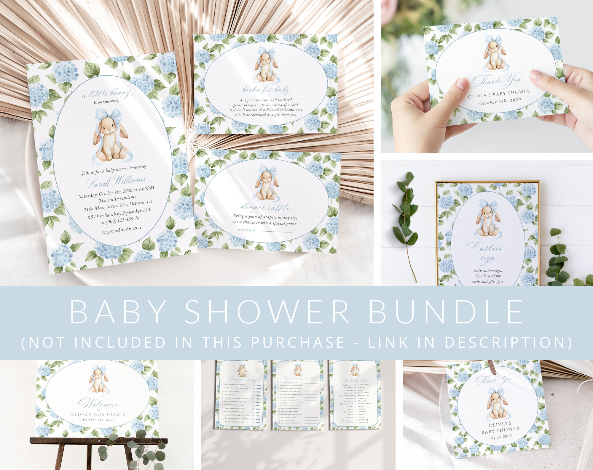 Baby Bunny and Blue Flowers Baby Shower Games, Set of 3 Games, Boy Baby Shower, Printable File, Edit Yourself, SH259