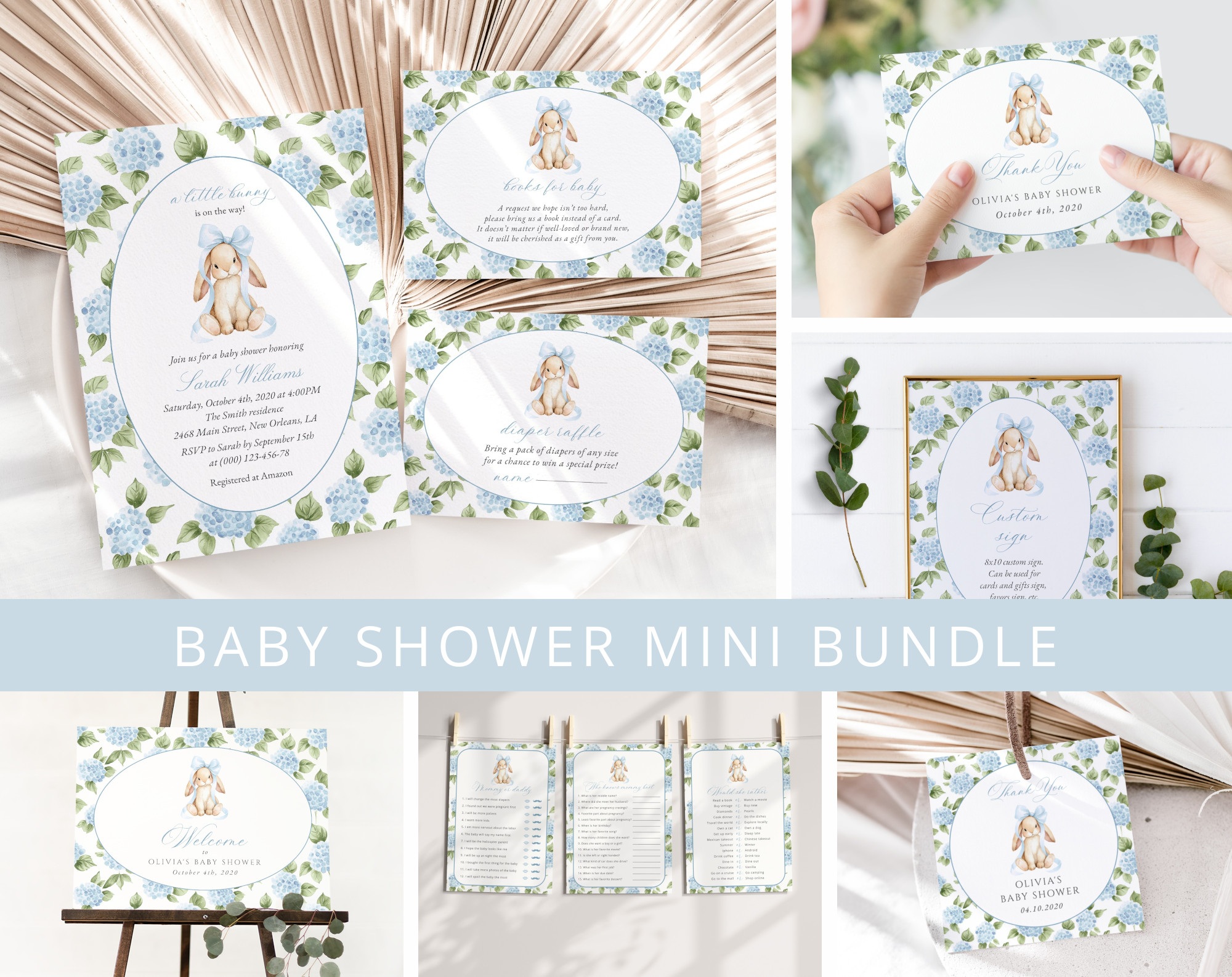 SH259 Bundle Baby Bunny and Blue Flowers Baby Shower Mini Bundle, Boy Baby Shower, Printable File, Edit Yourself, SH259