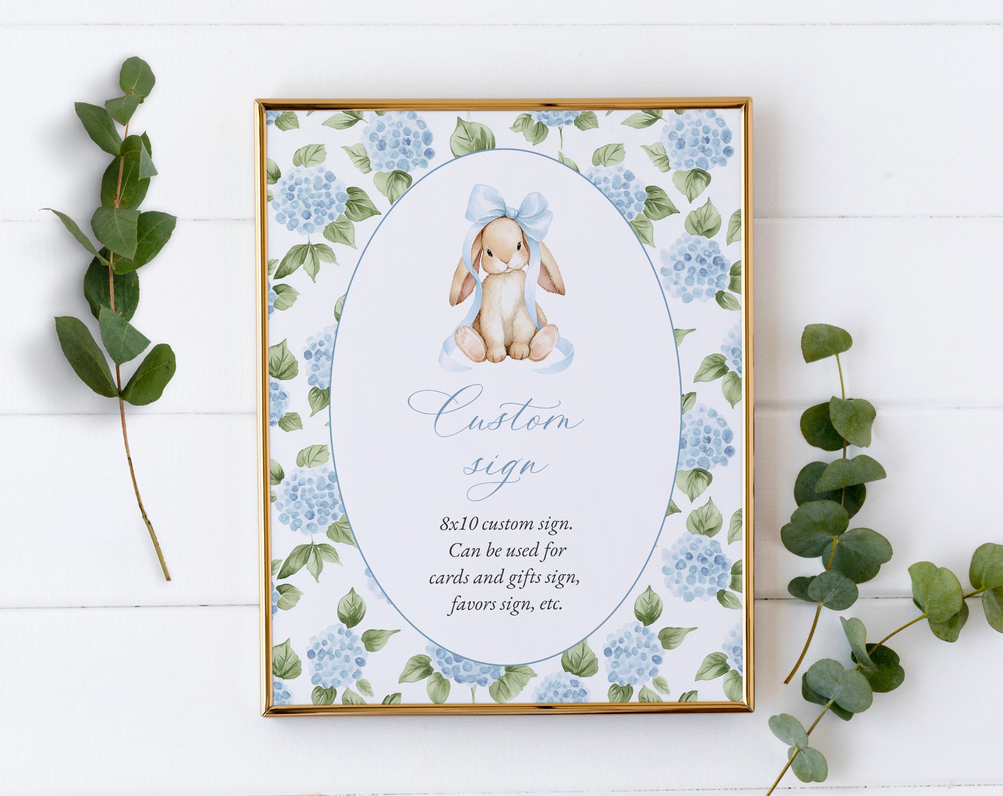 Baby Bunny and Blue Flowers Custom Sign, Printable File, Edit Yourself, SH259 SH260 Baby Bunny and Blue Flowers Custom Sign, Printable File, Edit Yourself, SH259 SH260