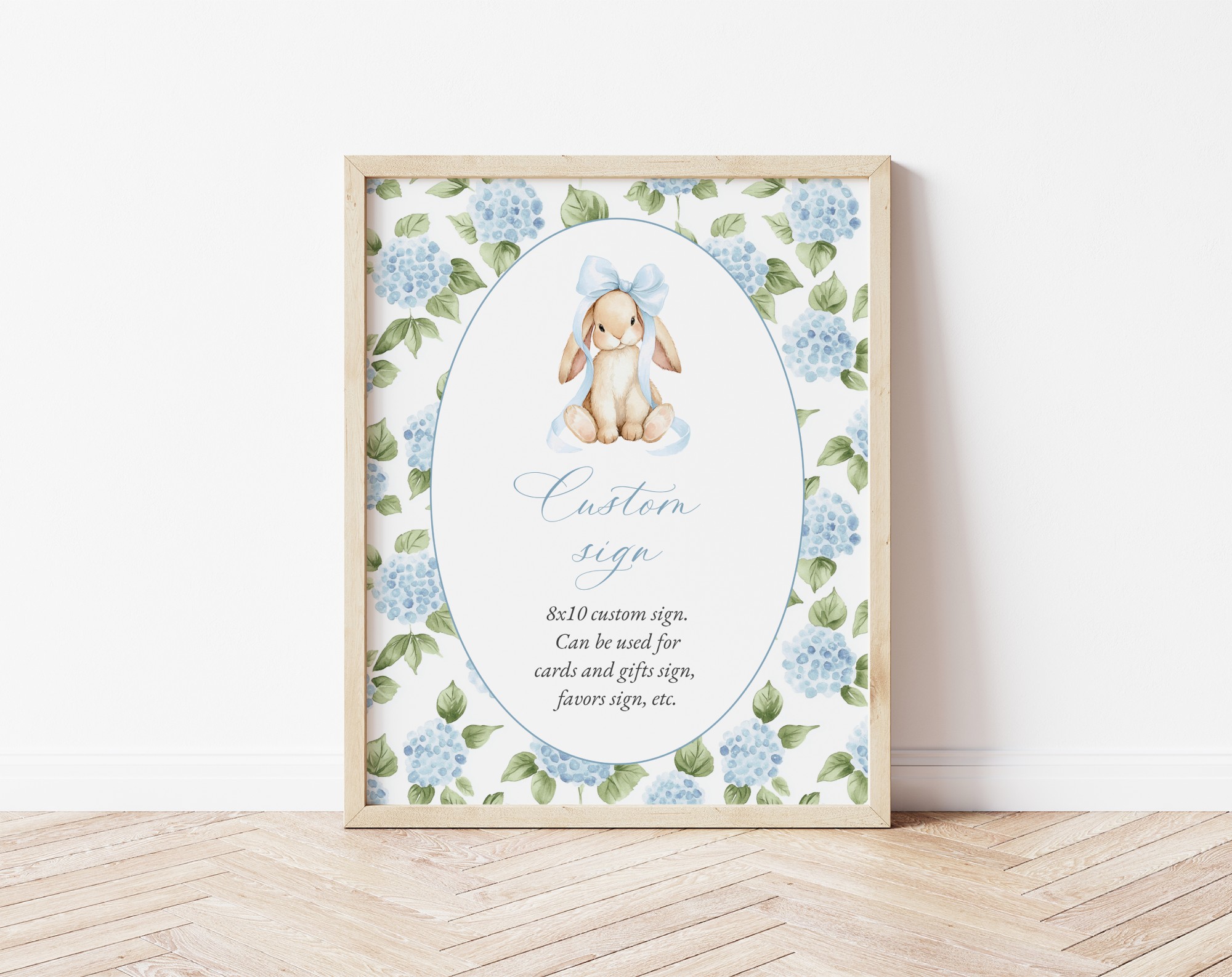 Baby Bunny and Blue Flowers Custom Sign, Printable File, Edit Yourself, SH259 SH260