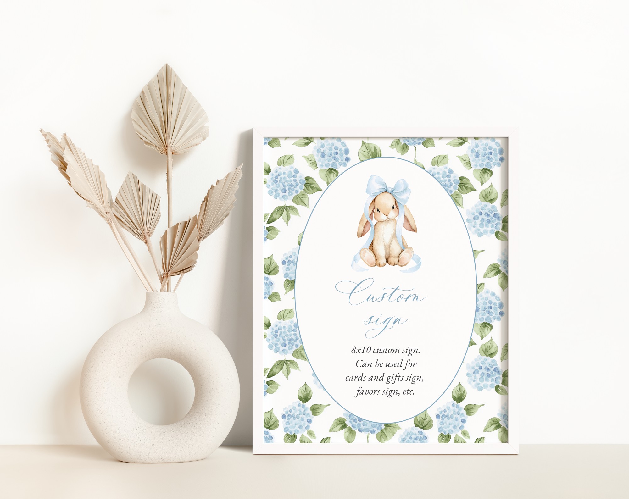 Baby Bunny and Blue Flowers Custom Sign, Printable File, Edit Yourself, SH259 SH260