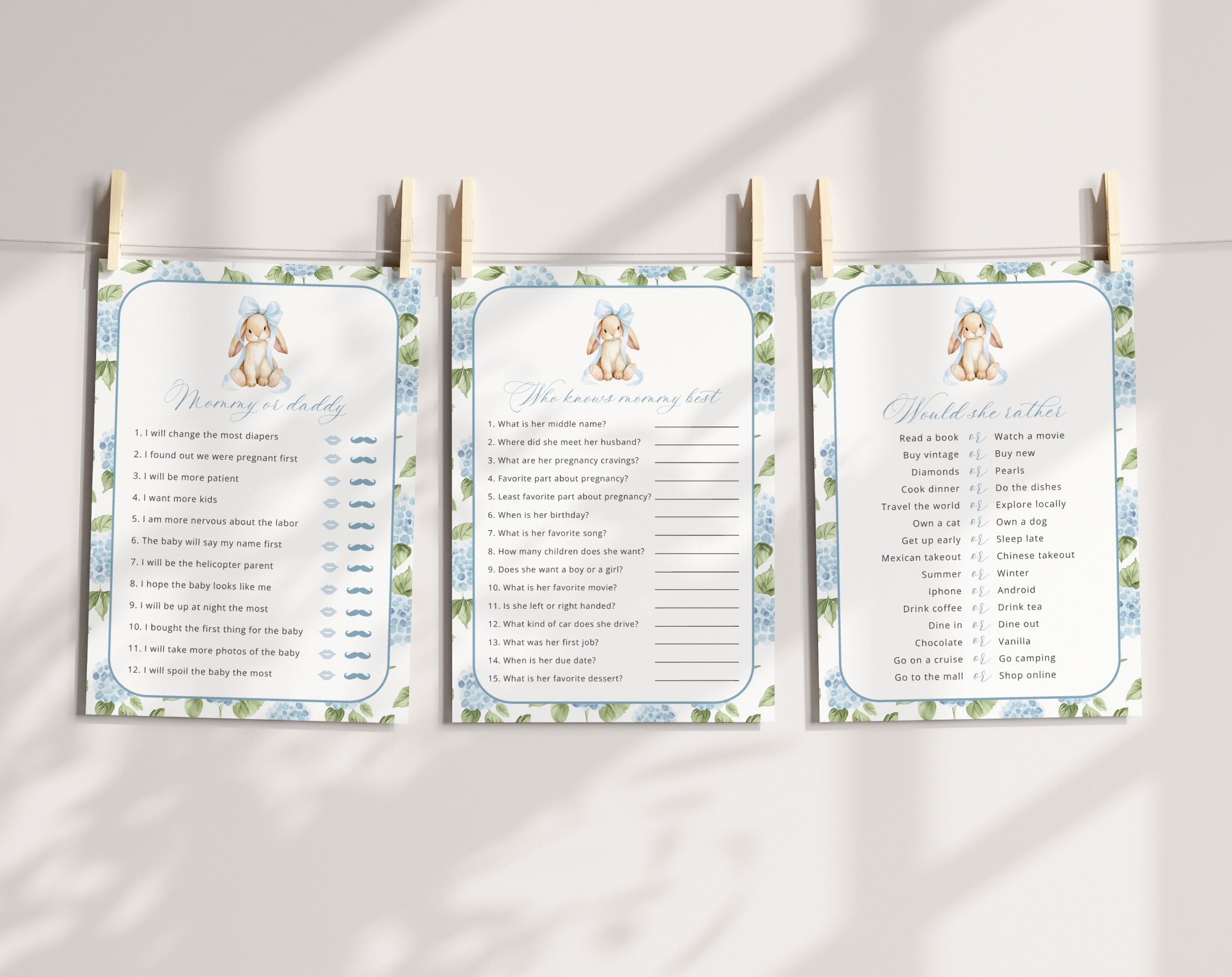 Baby Bunny and Blue Flowers Baby Shower Games, Set of 3 Games, Boy Baby Shower, Printable File, Edit Yourself, SH259 Baby Bunny and Blue Flowers Baby Shower Games, Set of 3 Games, Boy Baby Shower, Printable File, Edit Yourself, SH259
