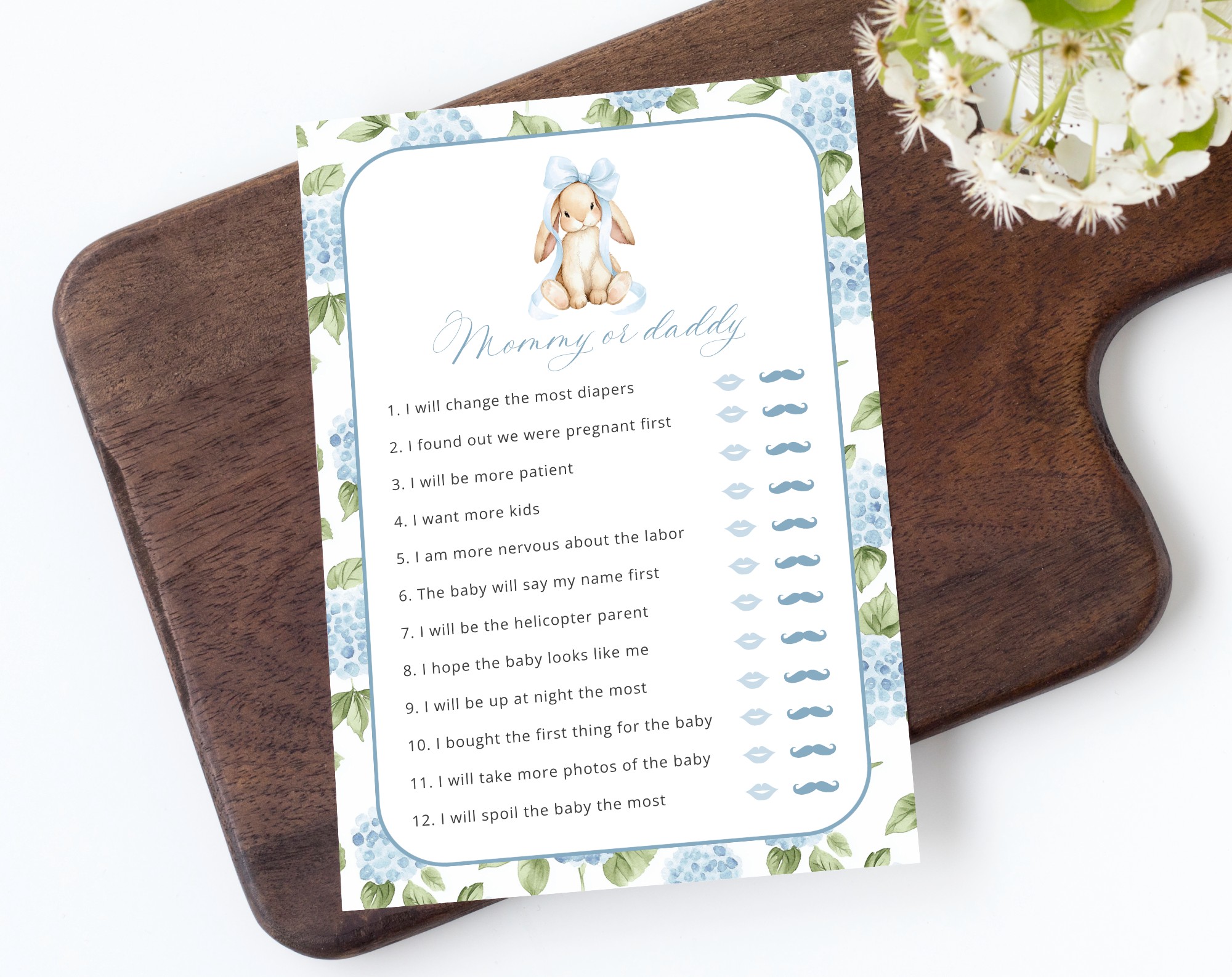 Baby Bunny and Blue Flowers Baby Shower Games, Set of 3 Games, Boy Baby Shower, Printable File, Edit Yourself, SH259