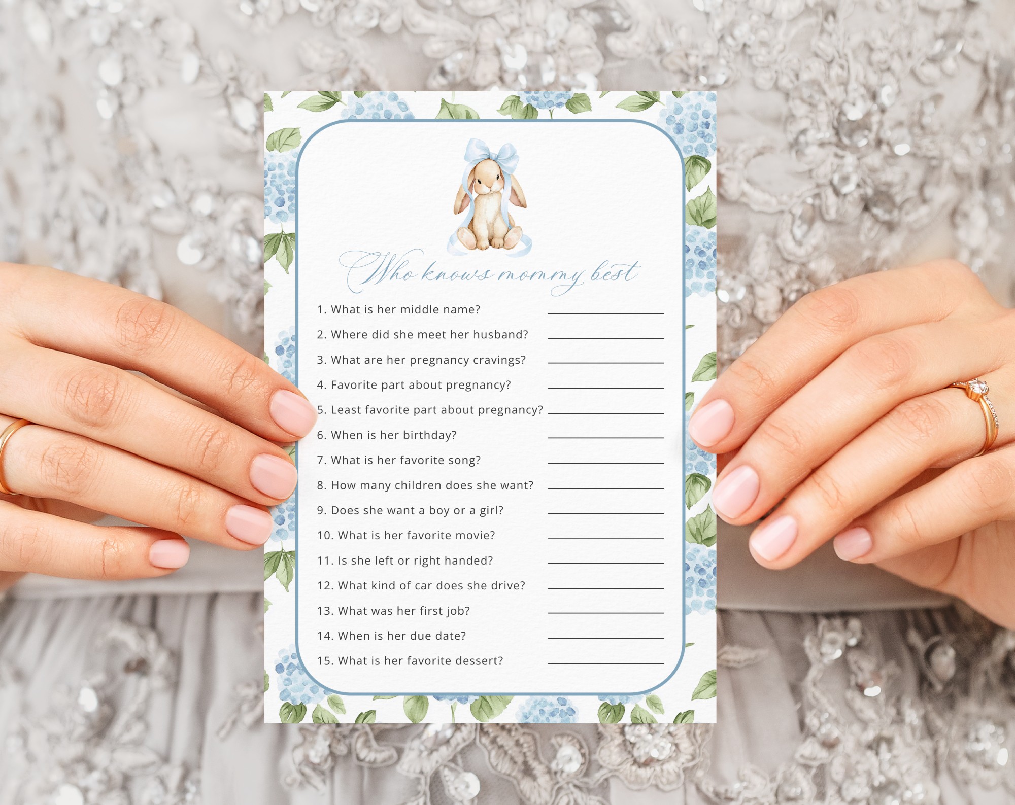 Baby Bunny and Blue Flowers Baby Shower Games, Set of 3 Games, Boy Baby Shower, Printable File, Edit Yourself, SH259